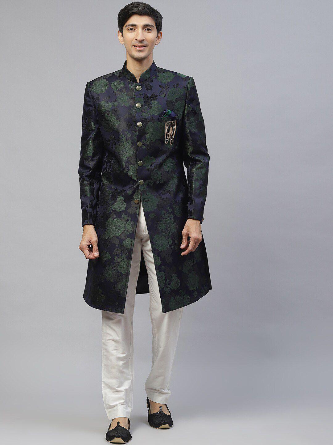 maxence men navy blue & green printed sherwani set