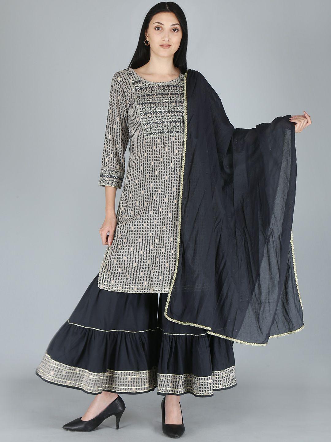 kalini women black ethnic motifs printed mirror work kurta with sharara & with dupatta