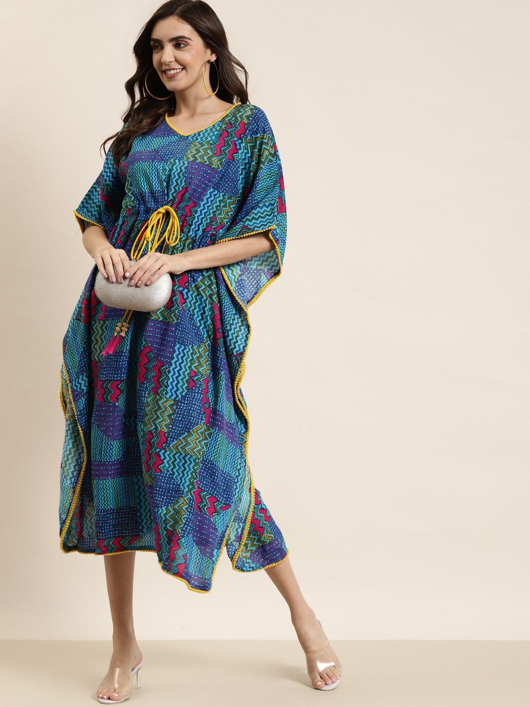 yash gallery blue & green printed kaftan midi dress