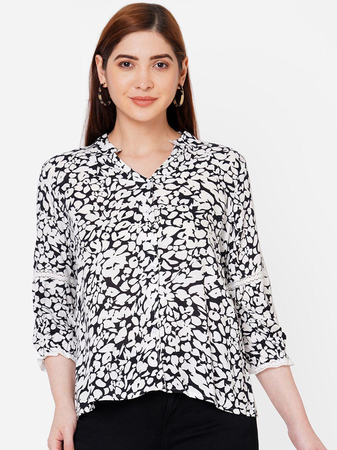 109f women black animal print mandarin collar top