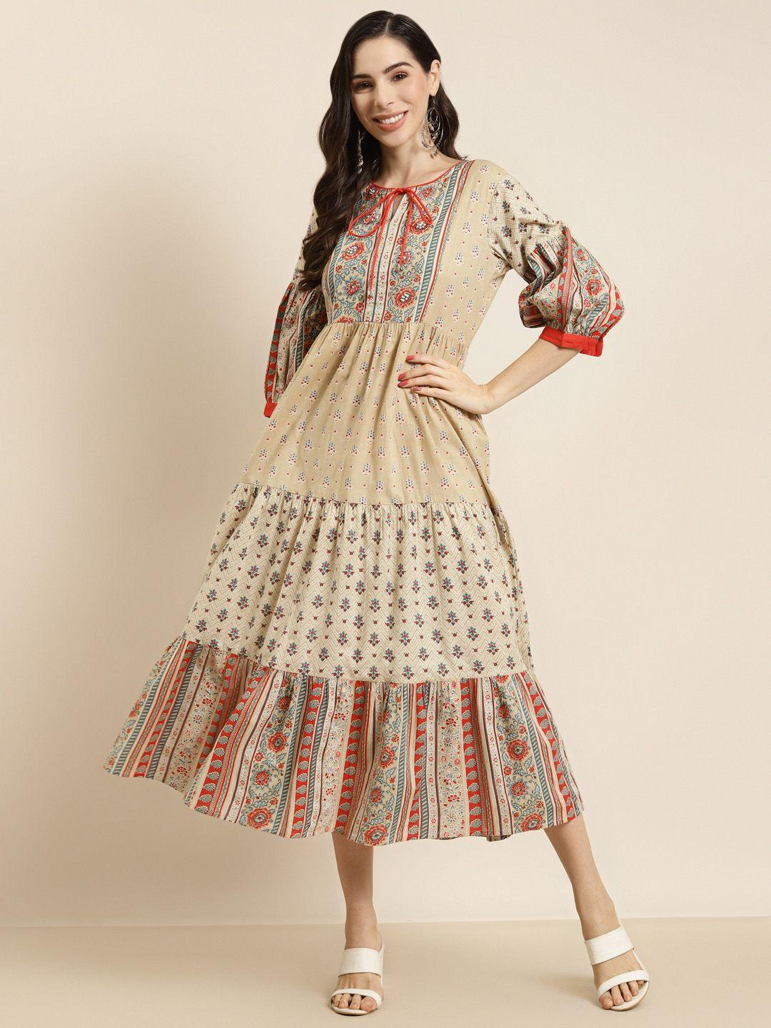 juniper beige & red ethnic motifs tie-up neck ethnic maxi dress