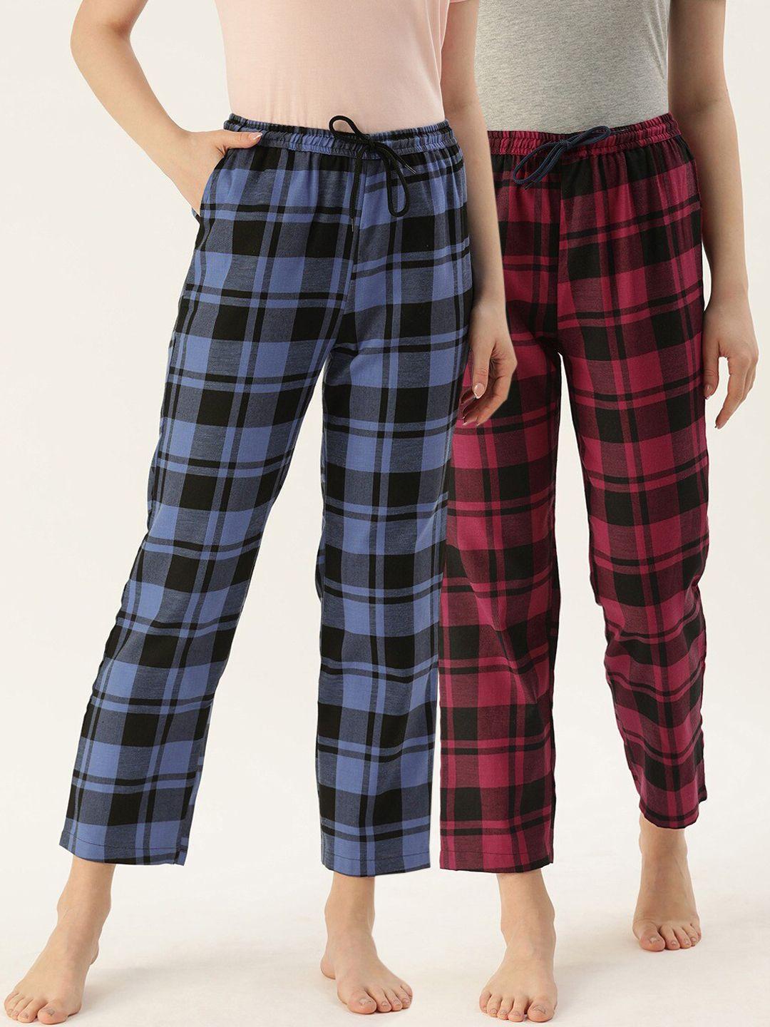 kryptic women pack of 2 checked pure cotton lounge pants