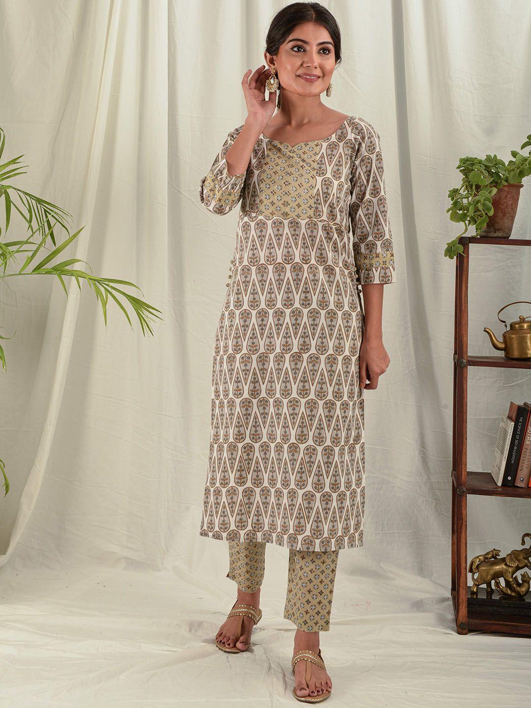 house of dhaaga women beige paisley printed block print kurta