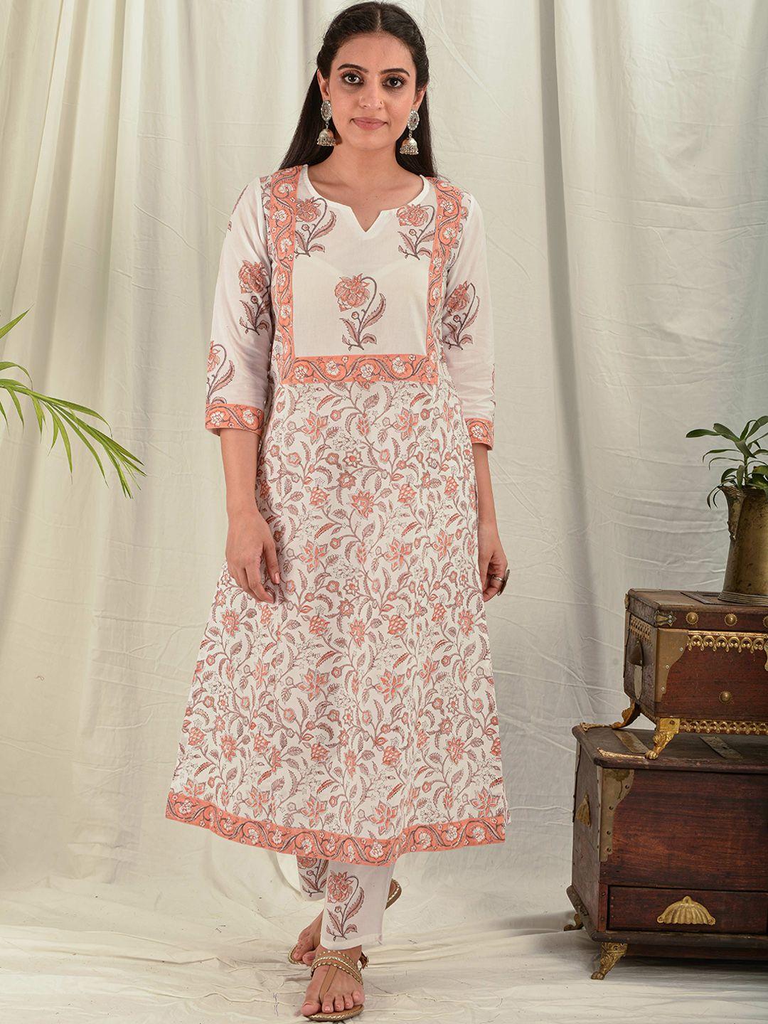 house of dhaaga women white & peach-coloured paisley printed block print kurta