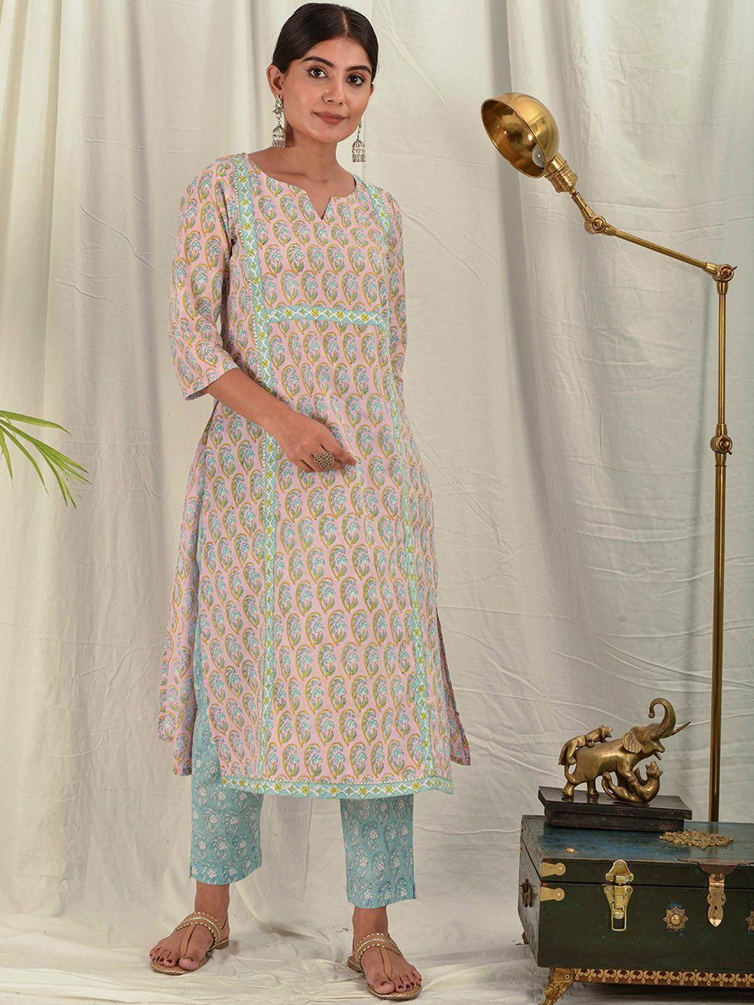 house of dhaaga women pink & blue ethnic motifs printed block print kurta