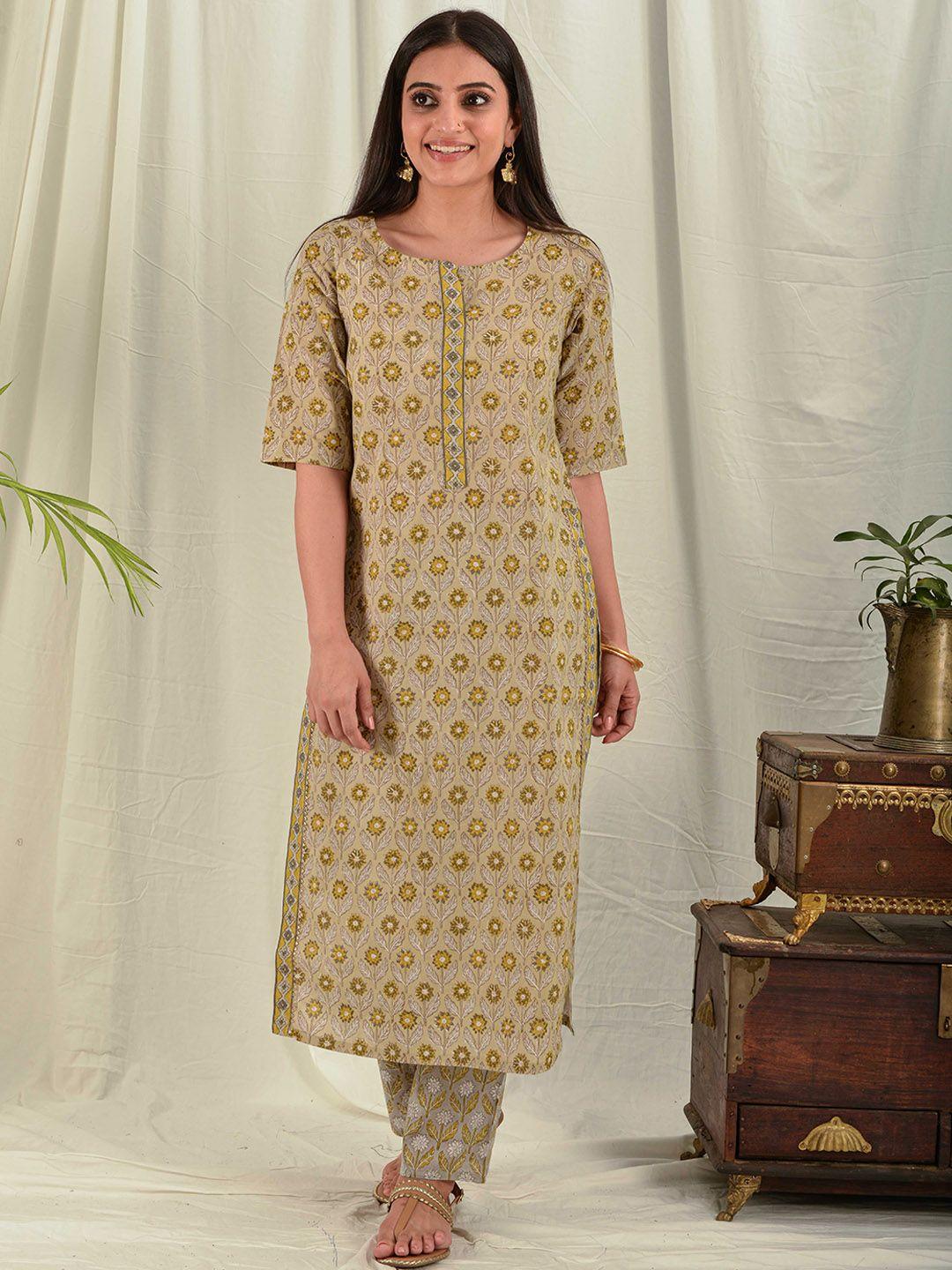 house of dhaaga women mustard yellow floral printed block print cotton kurta