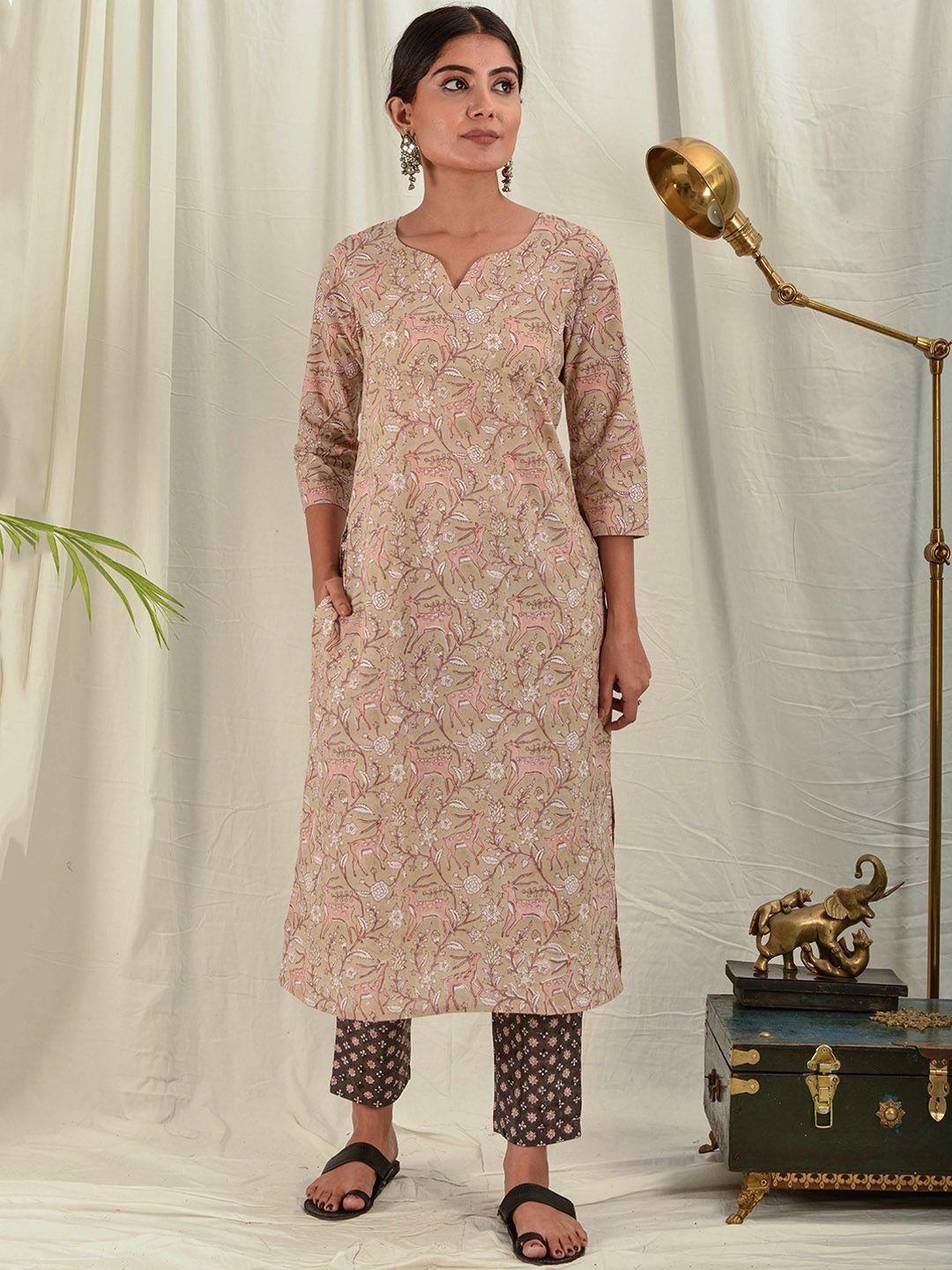 house of dhaaga women nude-coloured floral printed block print cotton a-line kurta