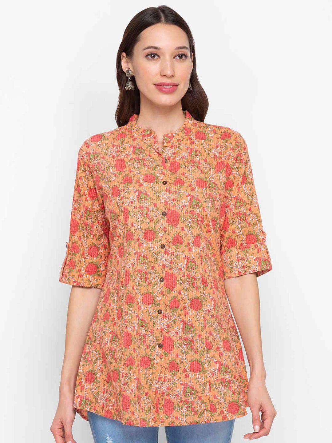 zola peach-coloured & green floral printed cotton tunic