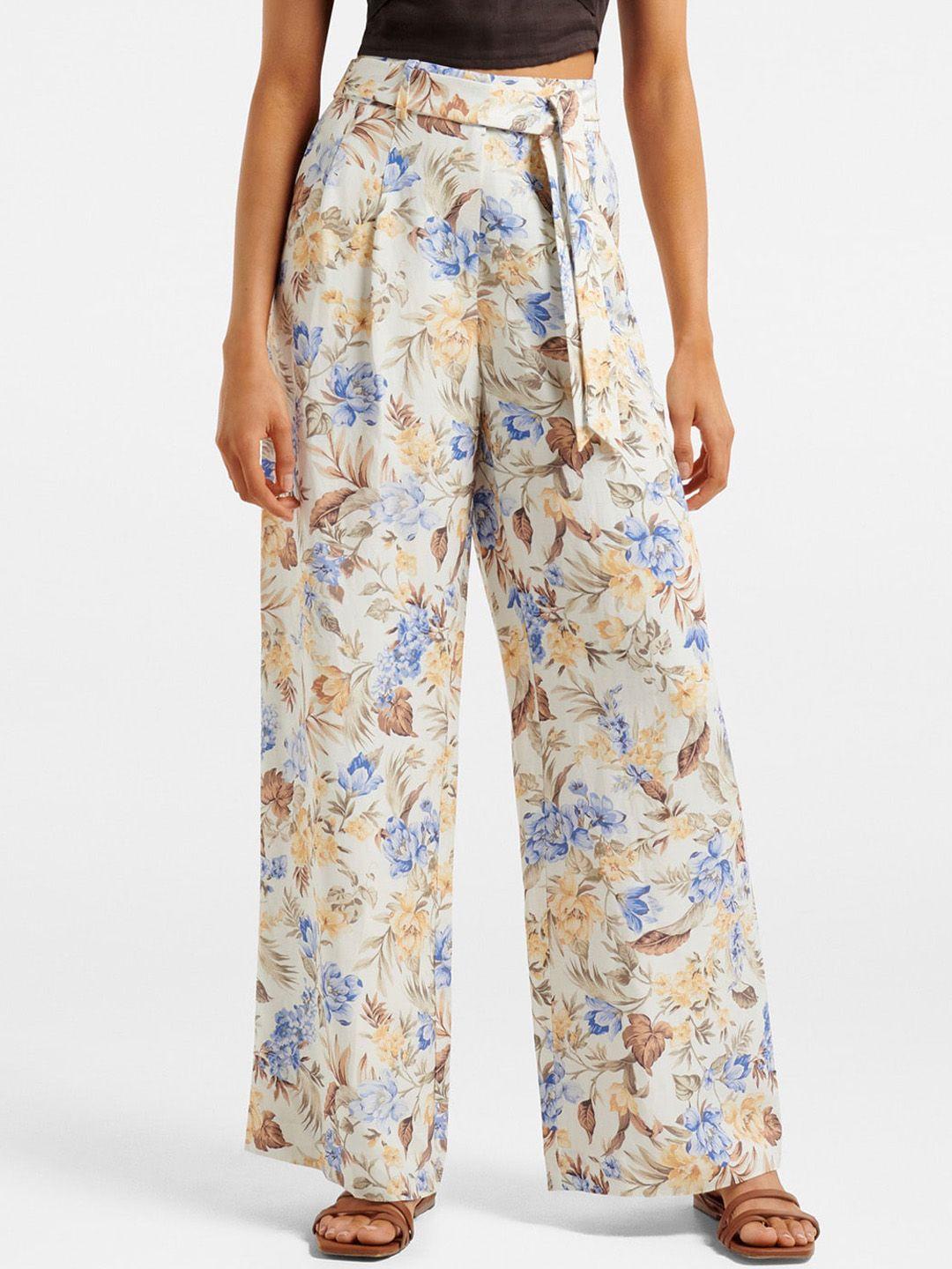 forever new women brown floral printed high-rise trousers