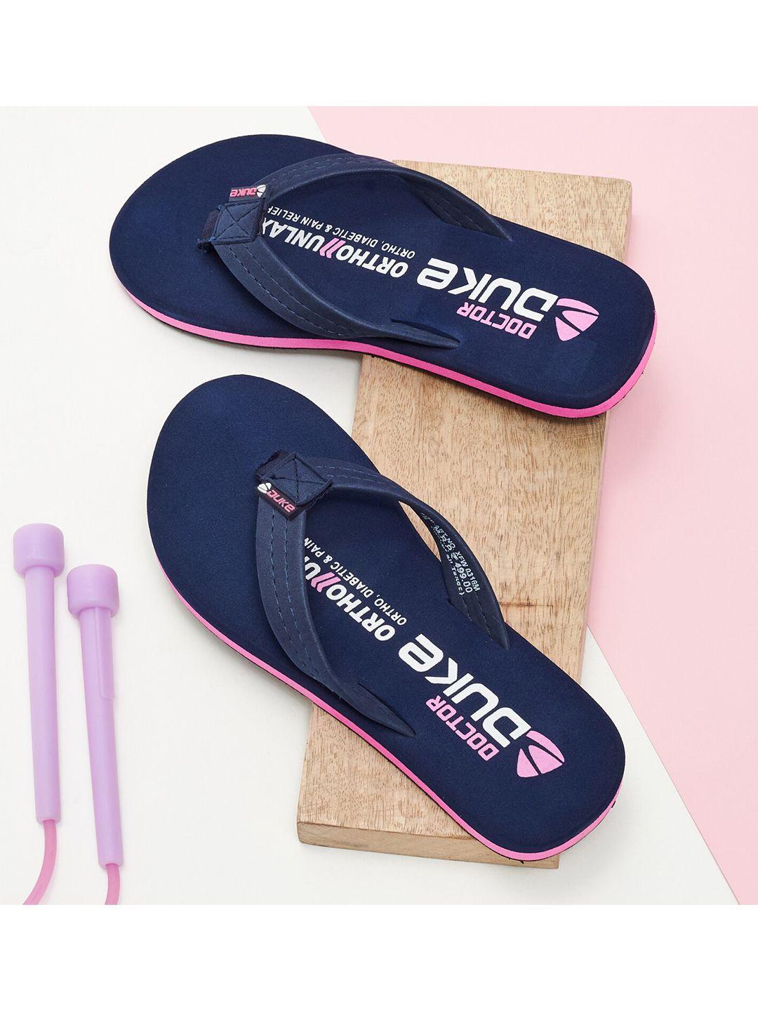 duke women navy blue & pink printed thong flip-flops