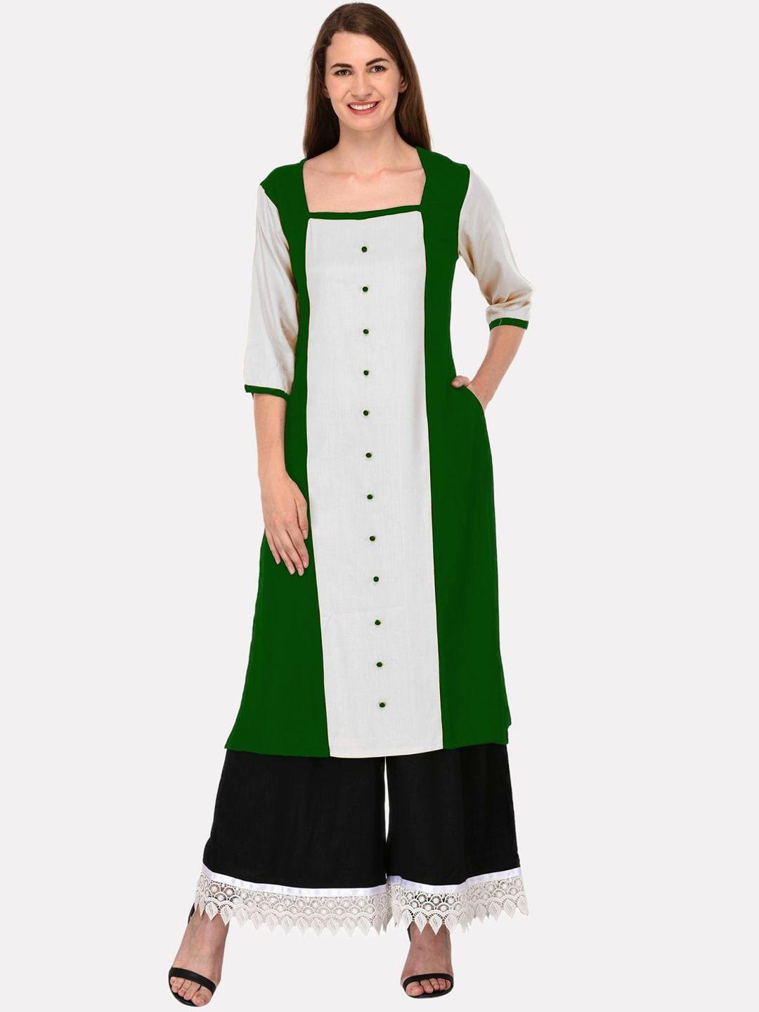 kalini women green & cream-colored colourblocked panelled kurta