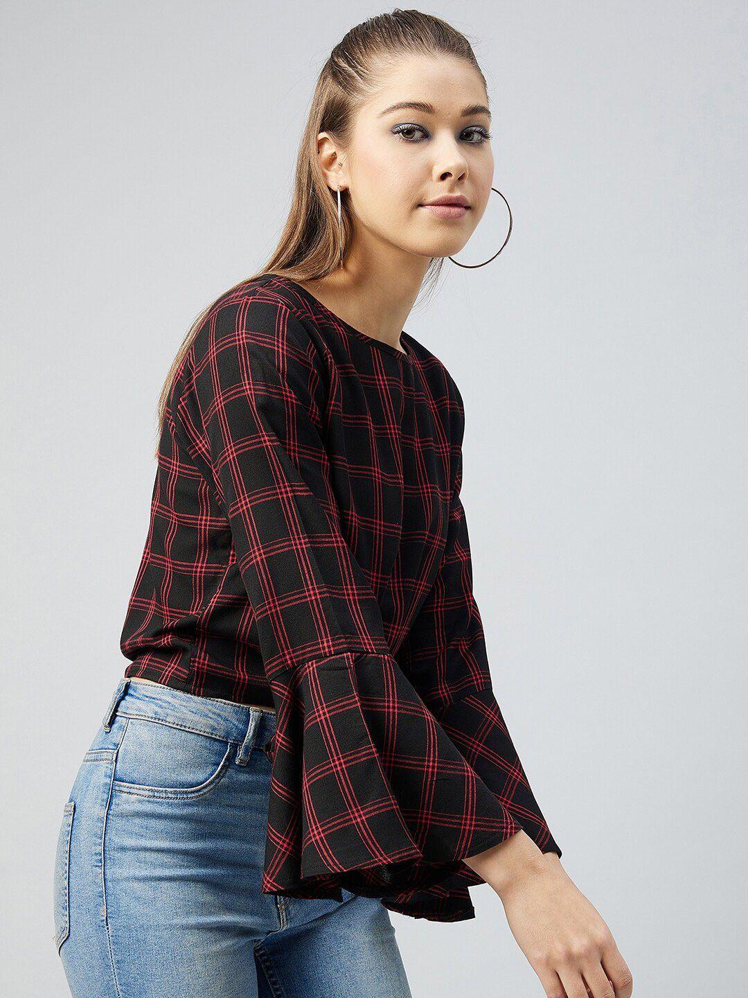 chimpaaanzee black & red checked bell sleeved waist tie-up top