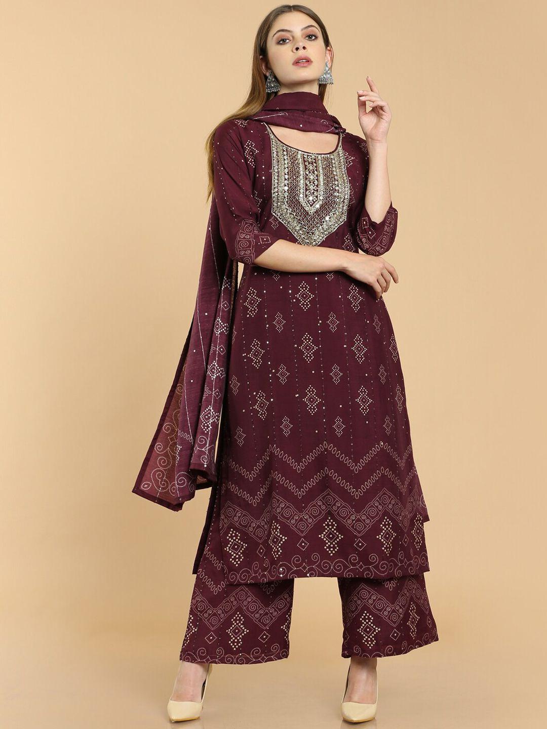 soch women purple ethnic motifs printed silk blend kurta set