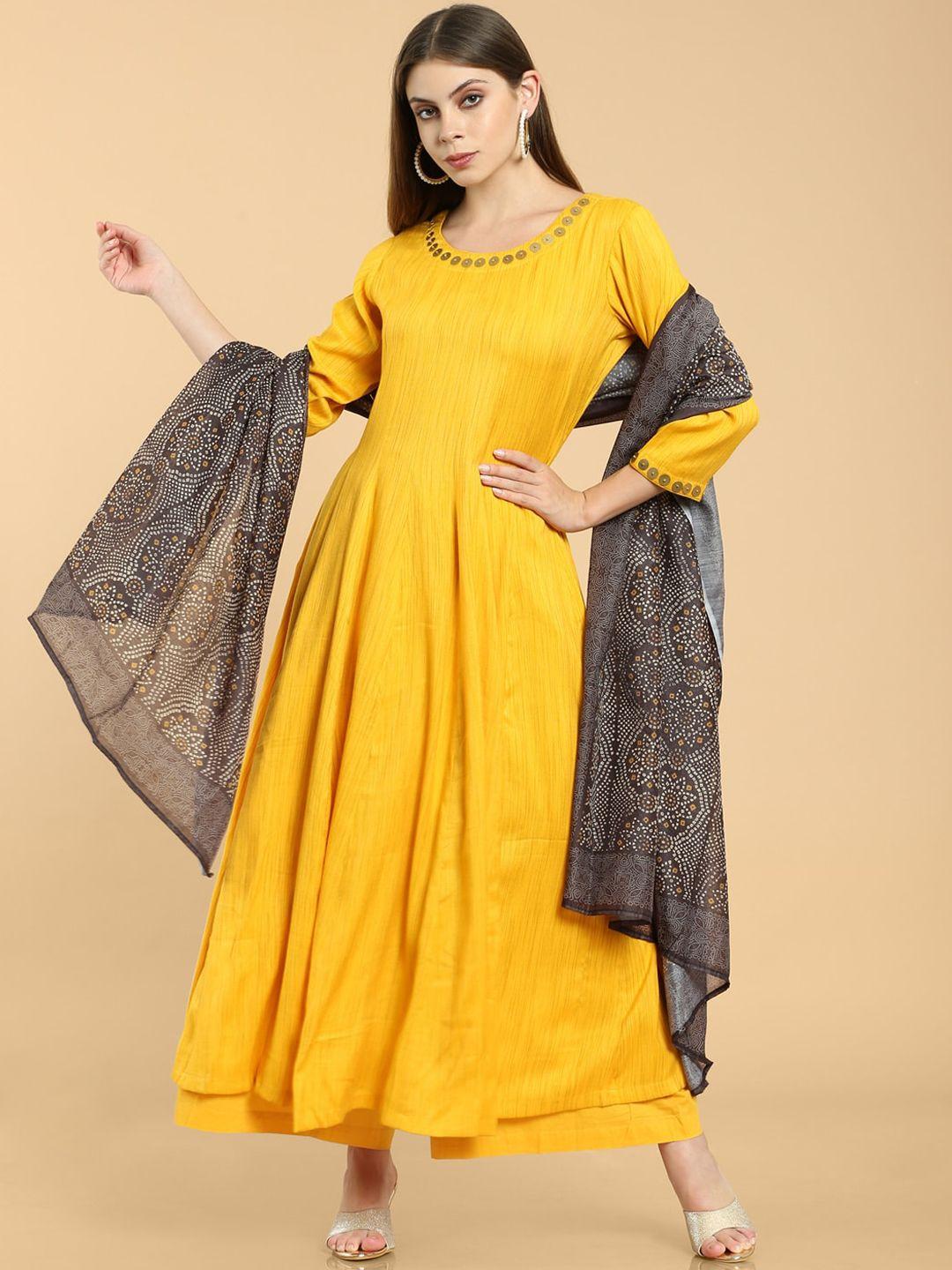 soch women yellow & maroon regular kurta with churidar & with dupatta