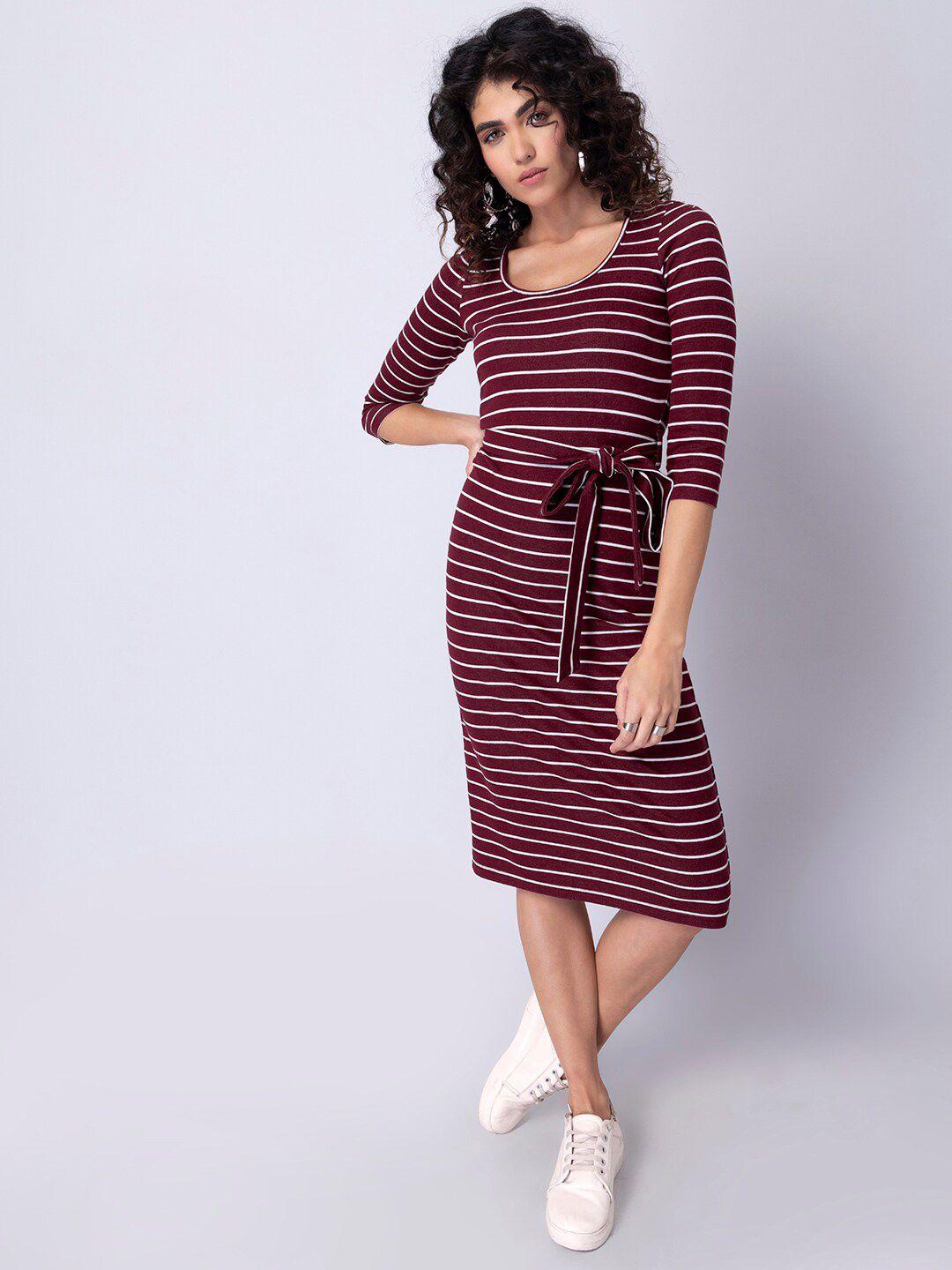 faballey maroon & white striped sheath midi dress