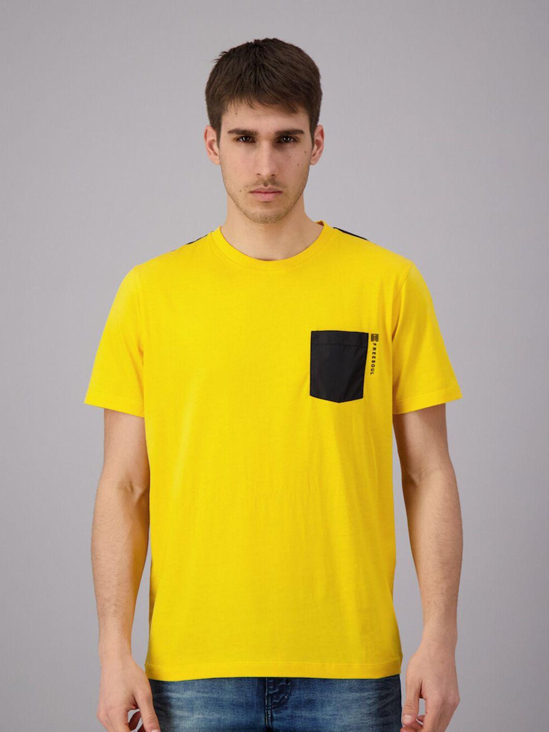 freesoul men yellow solid pure cotton t-shirt