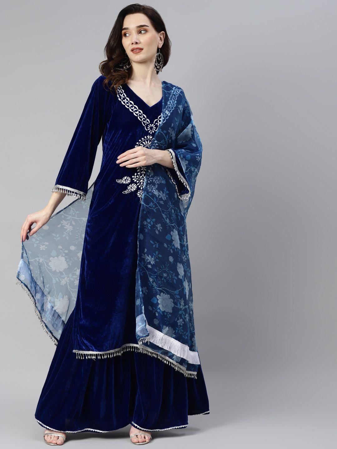 shades women navy blue ethnic motifs embroidered chikankari velvet kurta with sharara & with dupatta