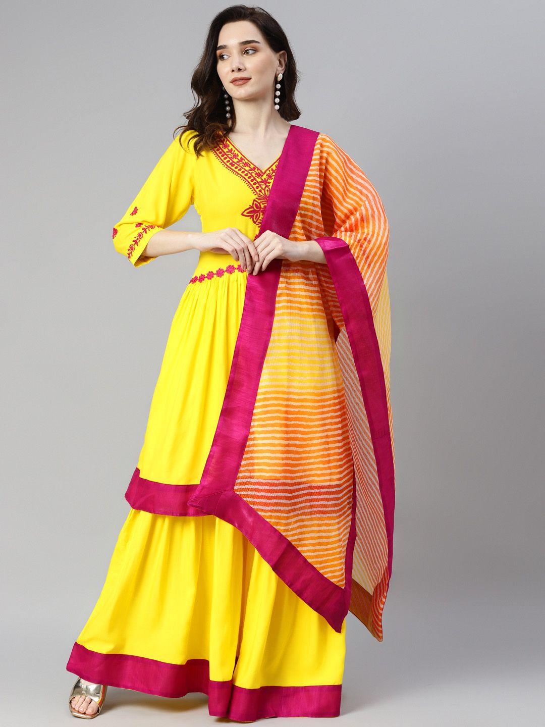 shades women yellow ethnic motifs embroidered empire chikankari kurta with sharara & with dupatta