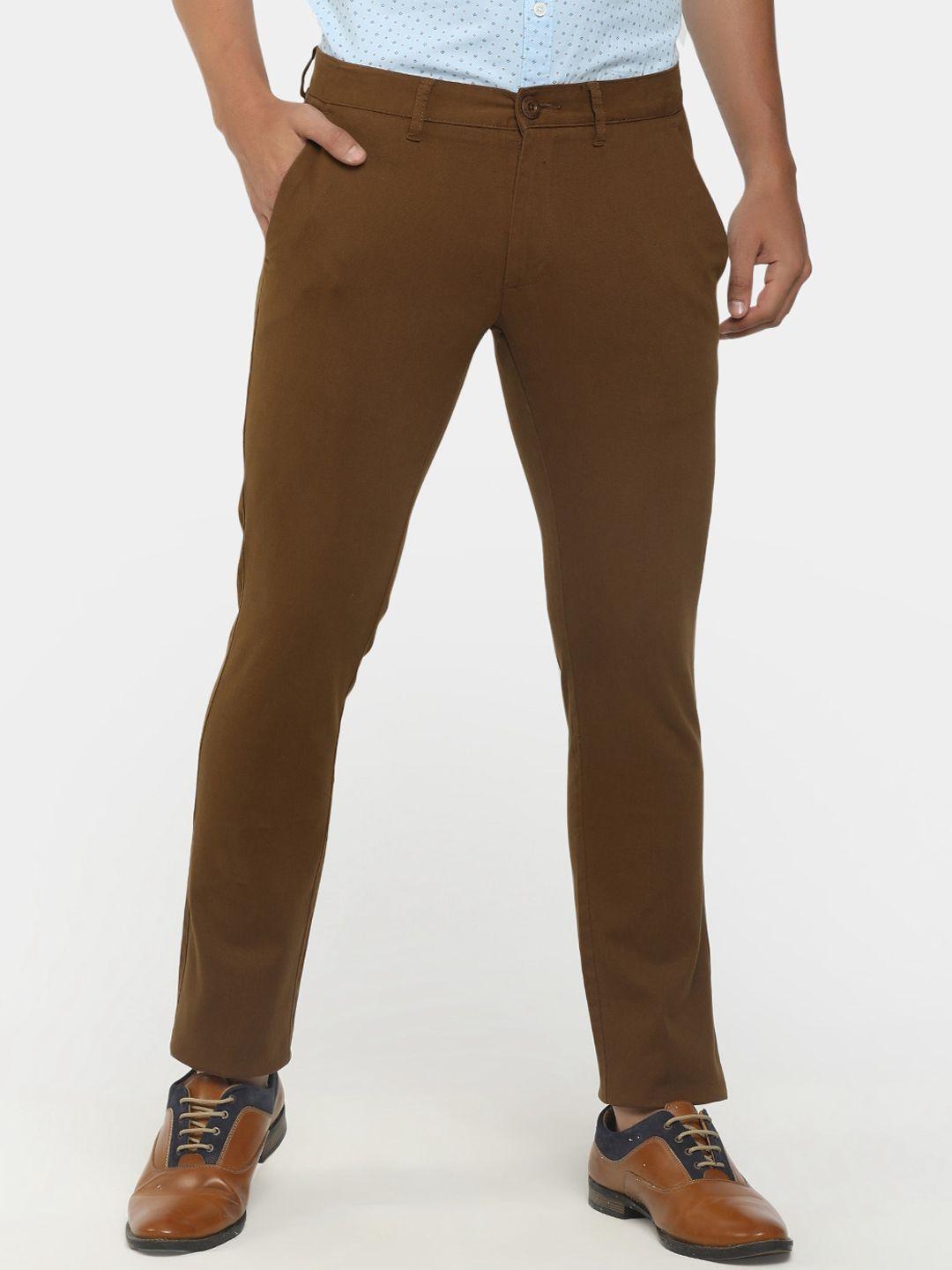 cherokee men brown solid cotton mid rise trouser