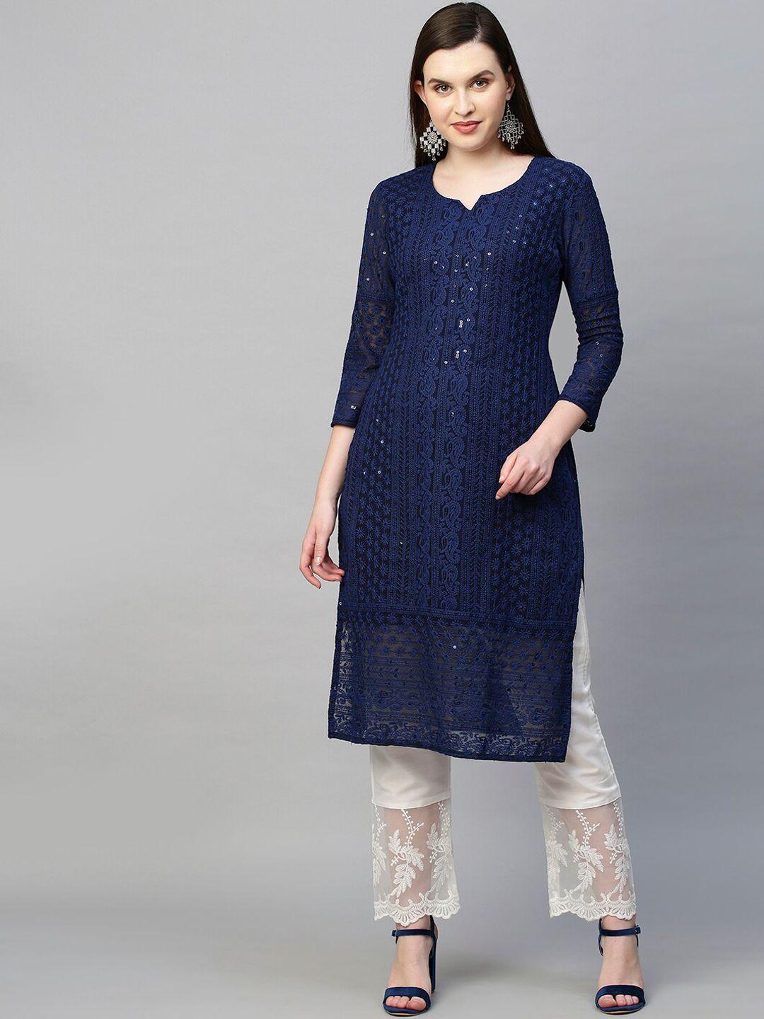 fashor women blue ethnic motifs embroidered keyhole neck chikankari georgette kurta