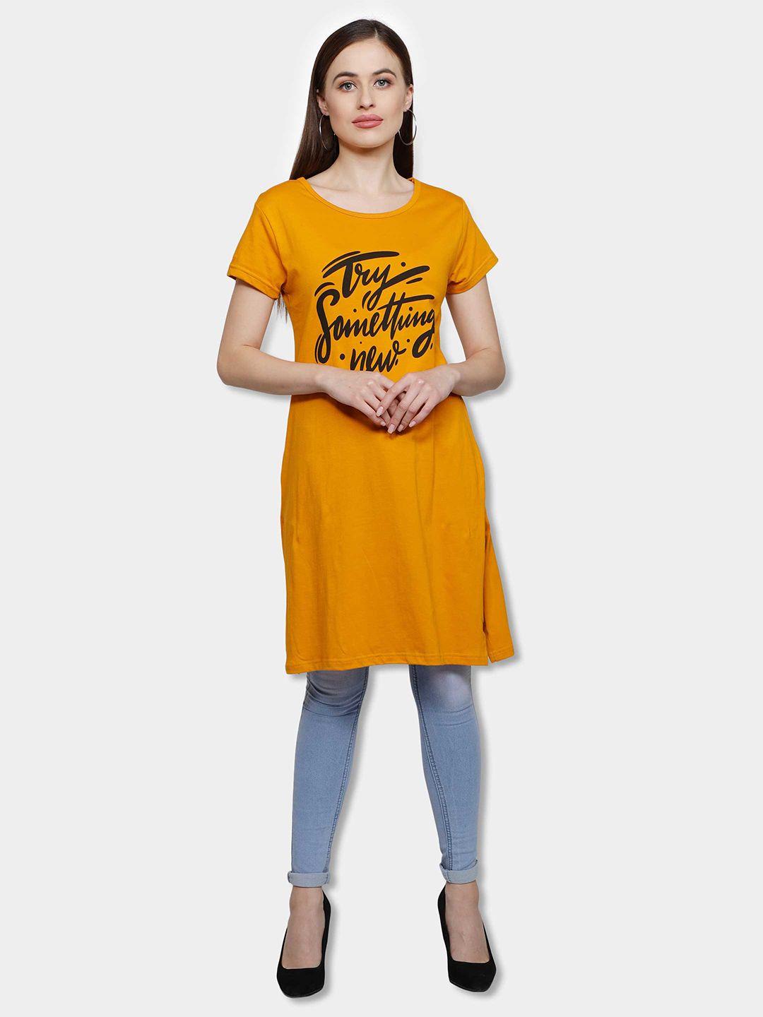 fleximaa mustard yellow printed cotton longline top