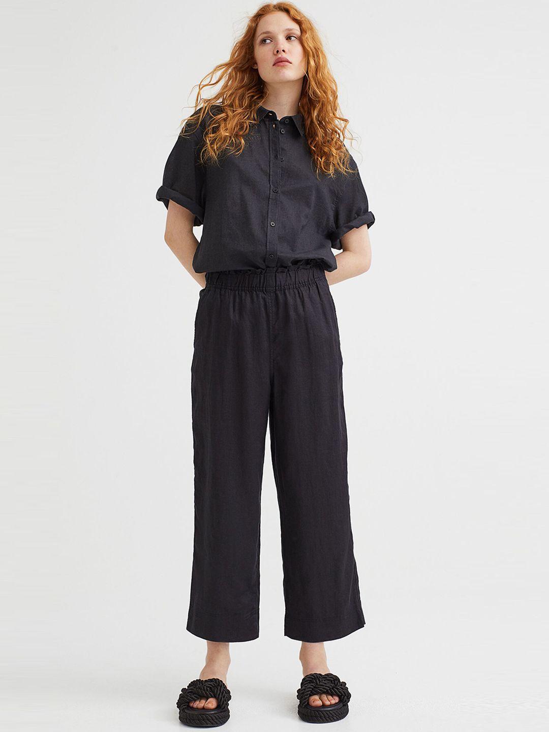 h&m women black ankle-length linen trousers