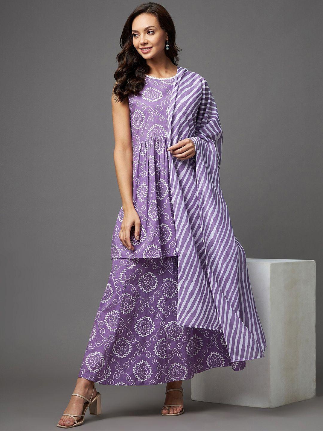 azira women lavender bandhani printed pleated pure cotton kurti with sharara & with dupatta