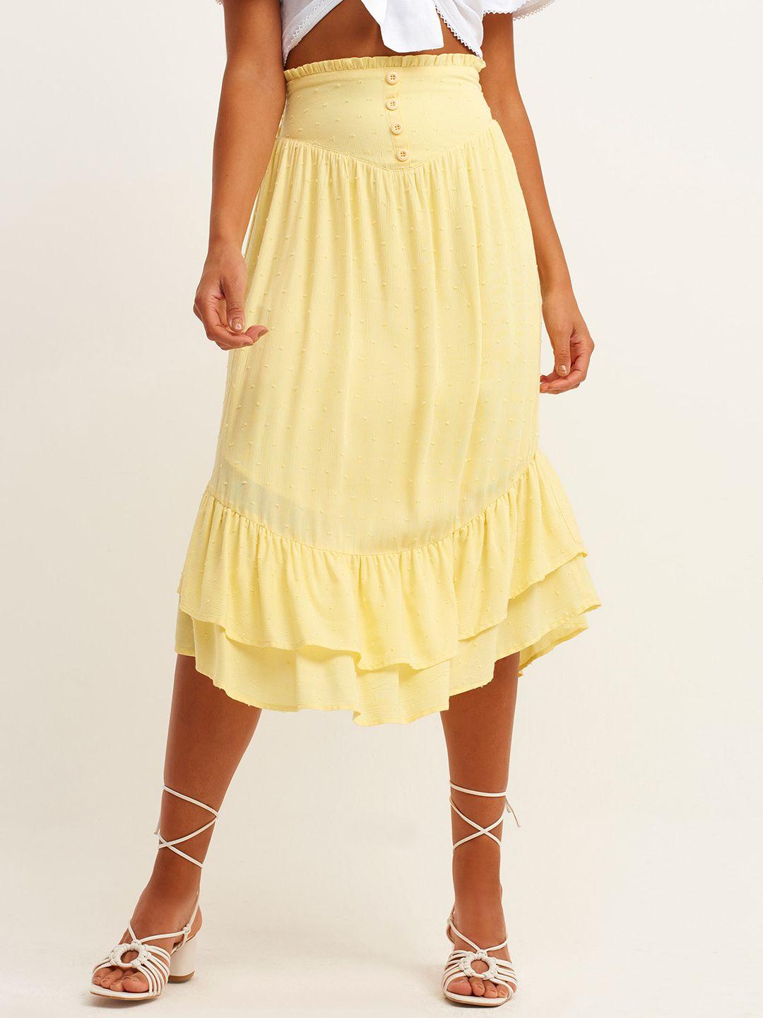 oxxo x city collection women yellow self-design smocked a-line skirt with dobby weave