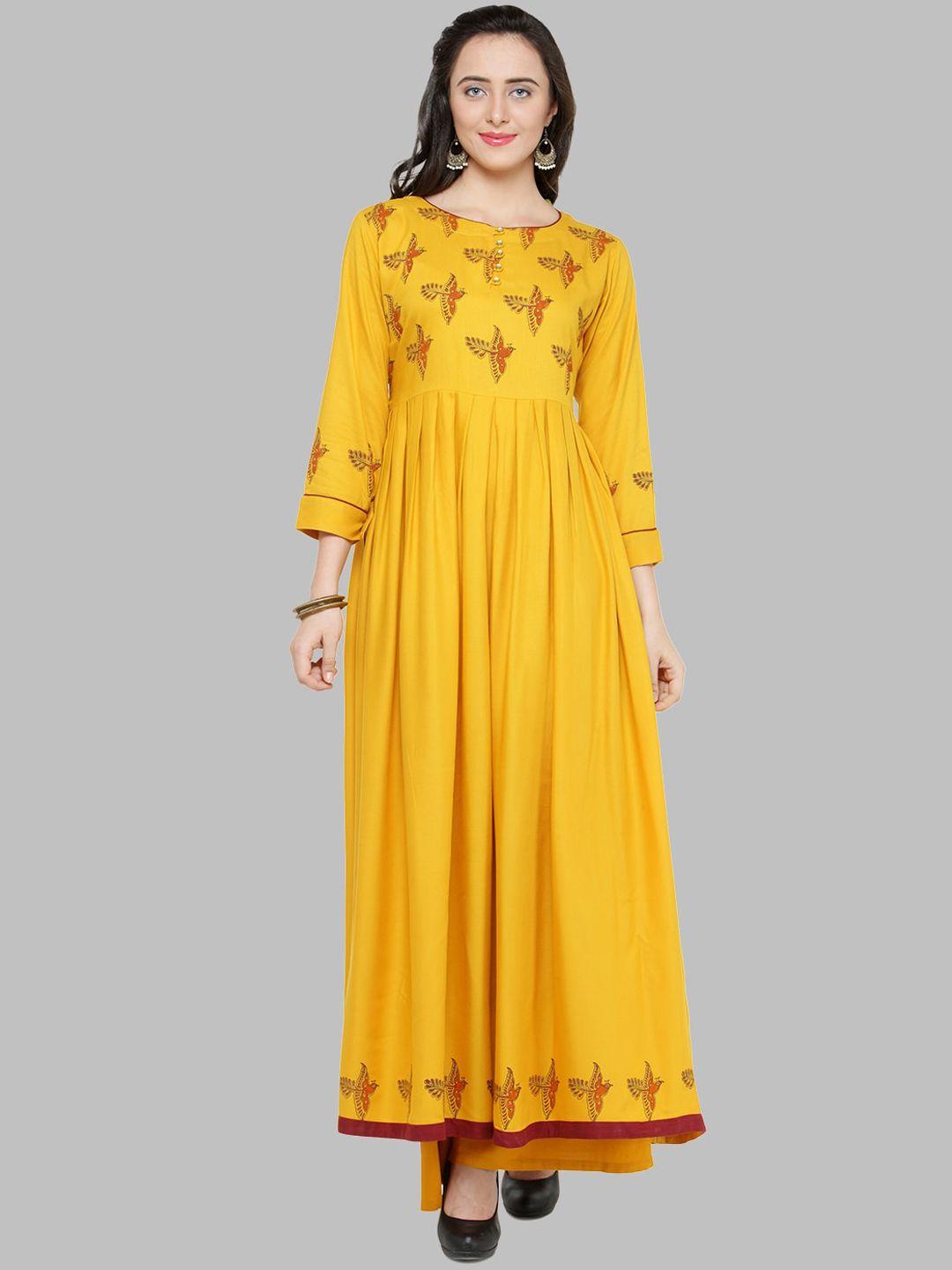 bitterlime women mustard yellow block print anarkali kurta