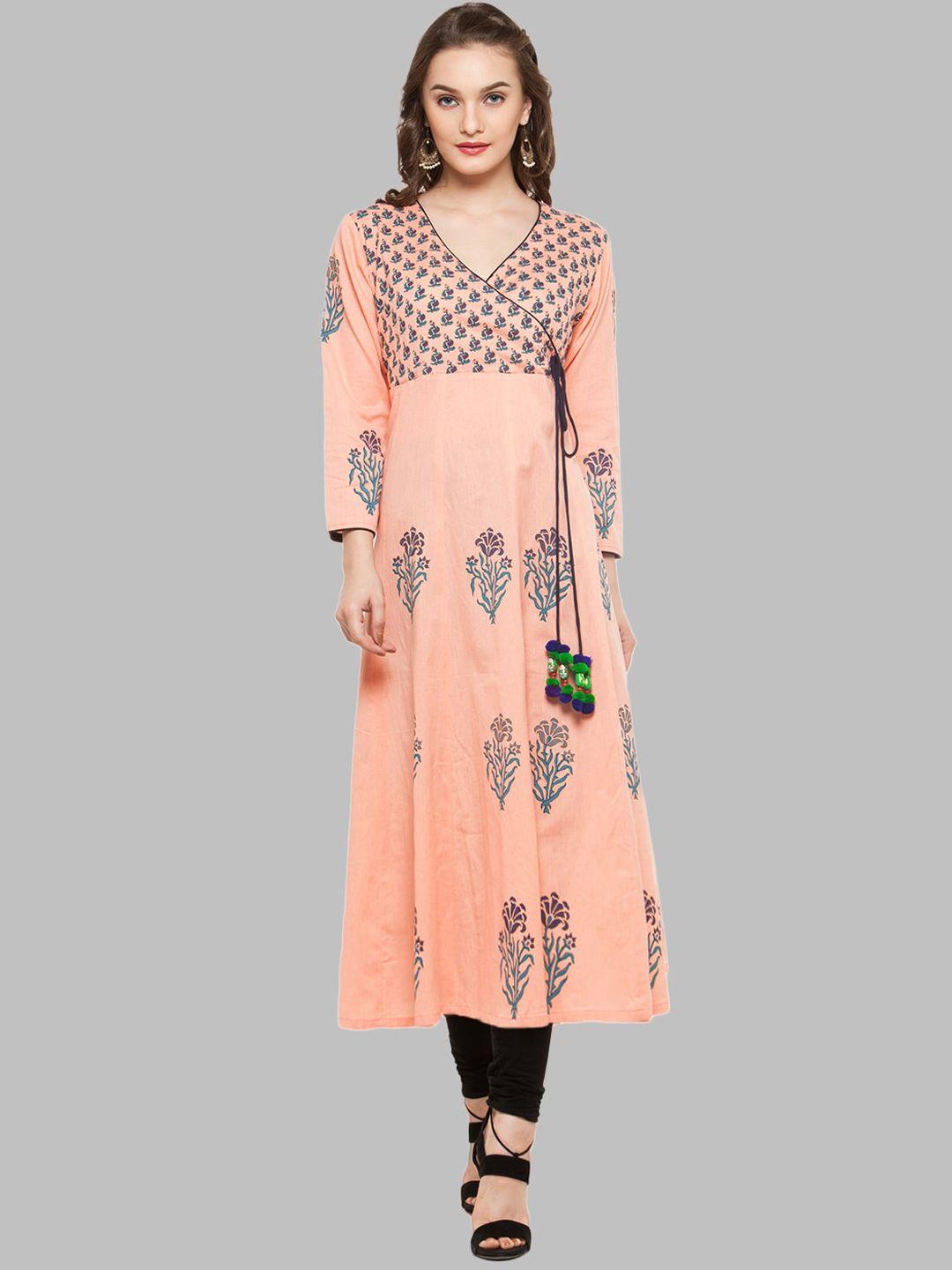 bitterlime women peach-coloured & blue floral printed block print kurta