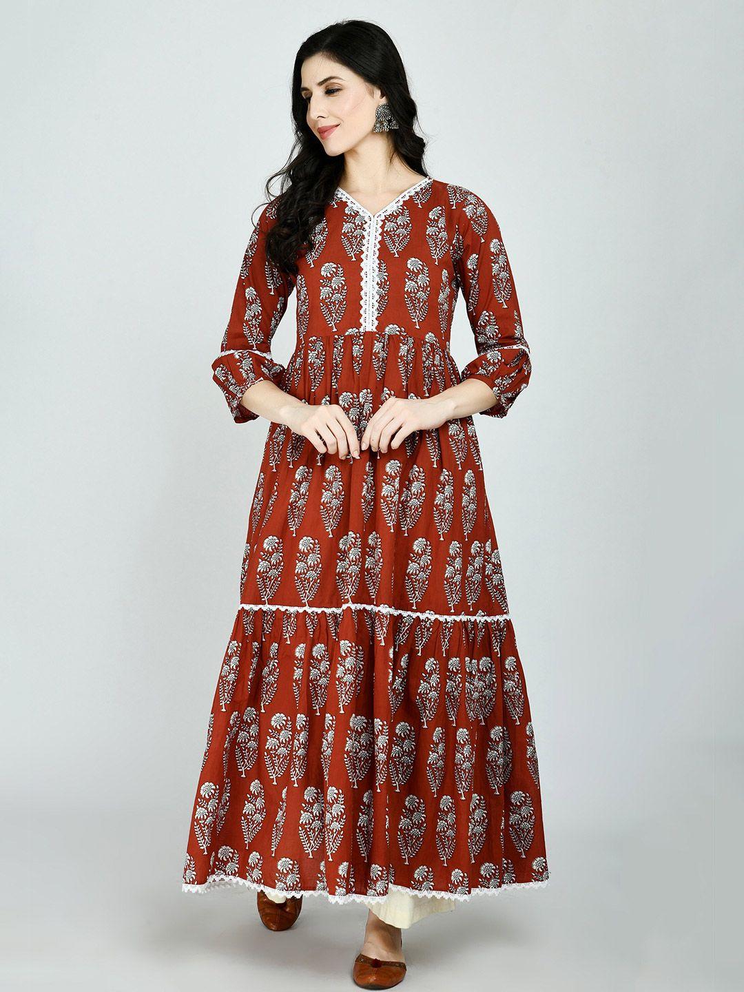 kalini women maroon & white ethnic motifs printed anarkali kurta