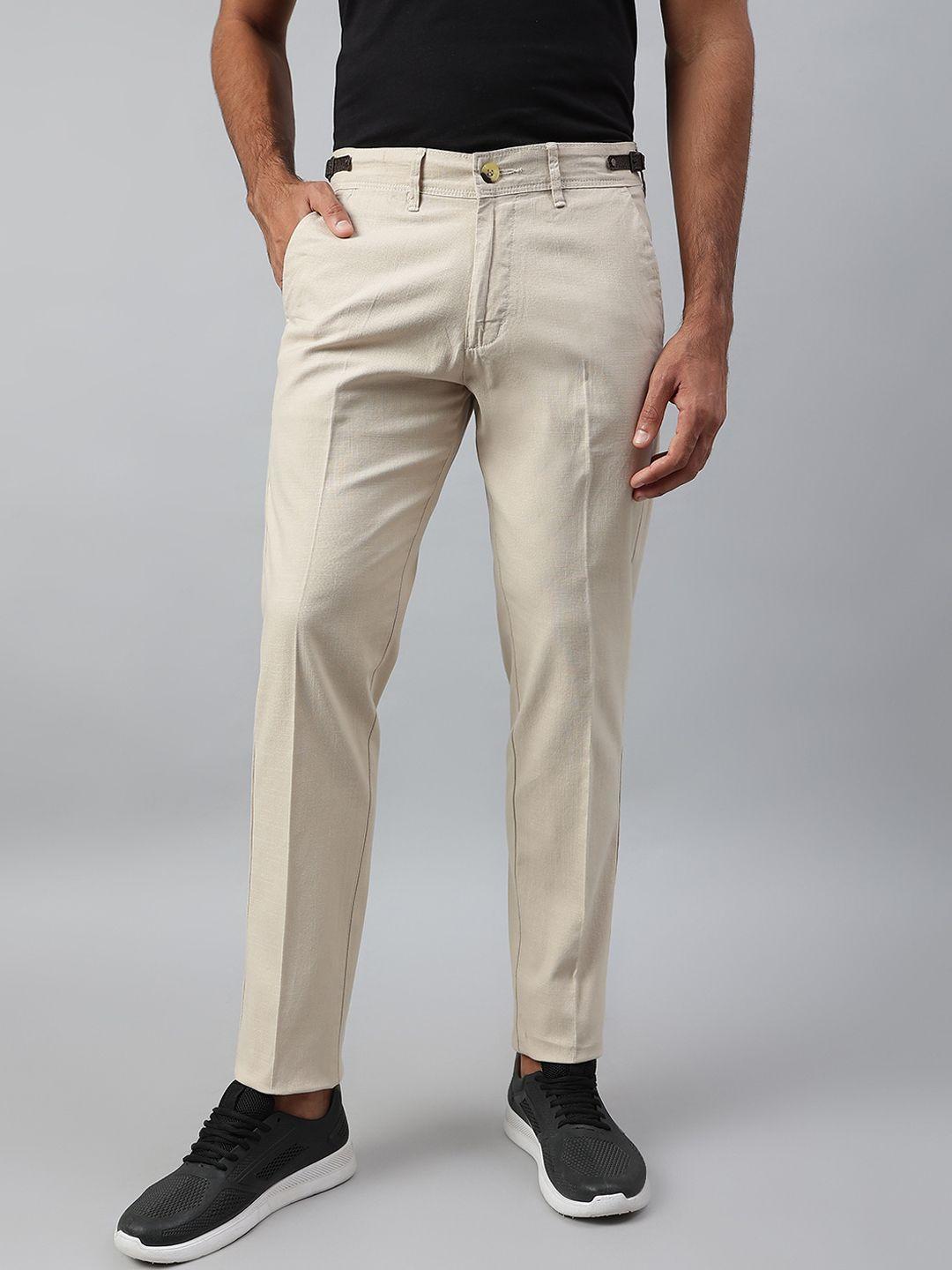 mr button men beige solid slim fit trousers