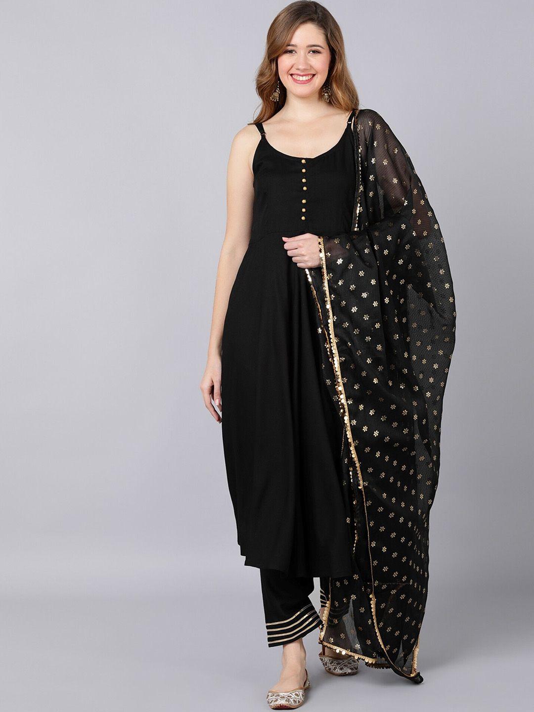 indi inside women black & gold kurta with churidar & with dupatta