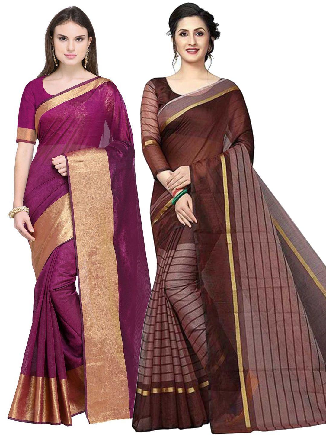 saadhvi maroon & brown striped silk cotton saree