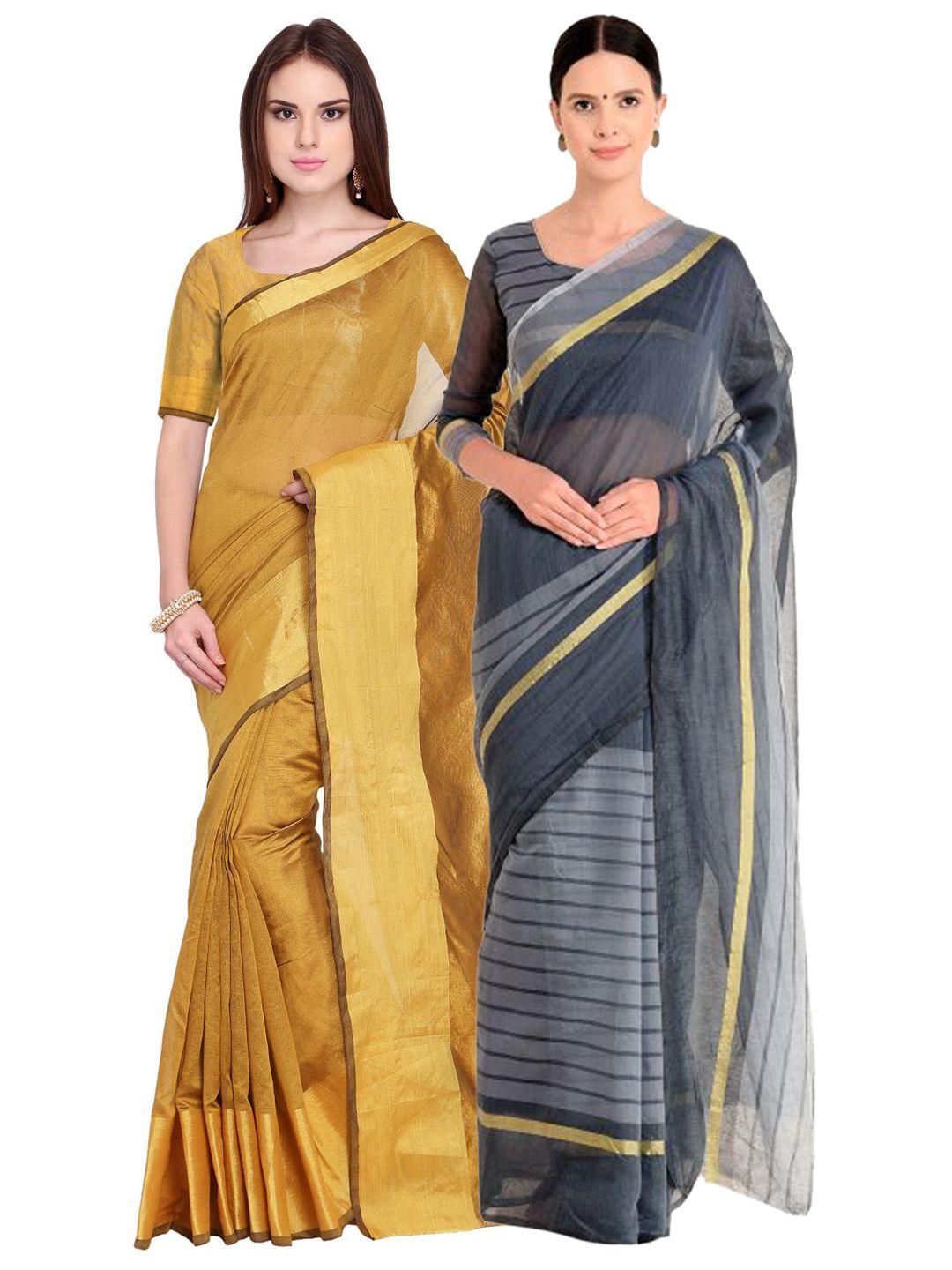 saadhvi set of 2 golden & grey zari silk cotton saree