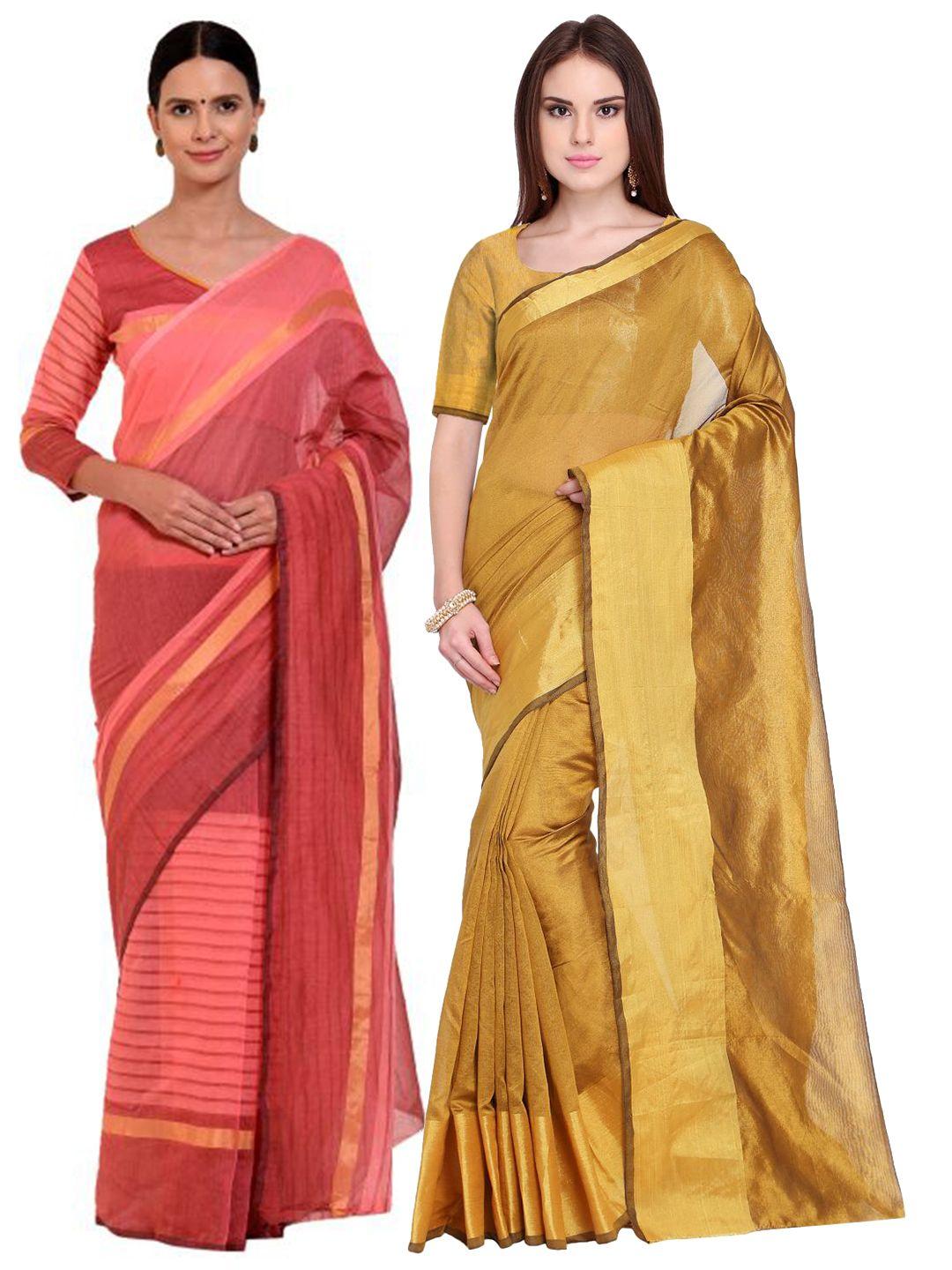 saadhvi set of 2 golden & pink zari silk cotton saree