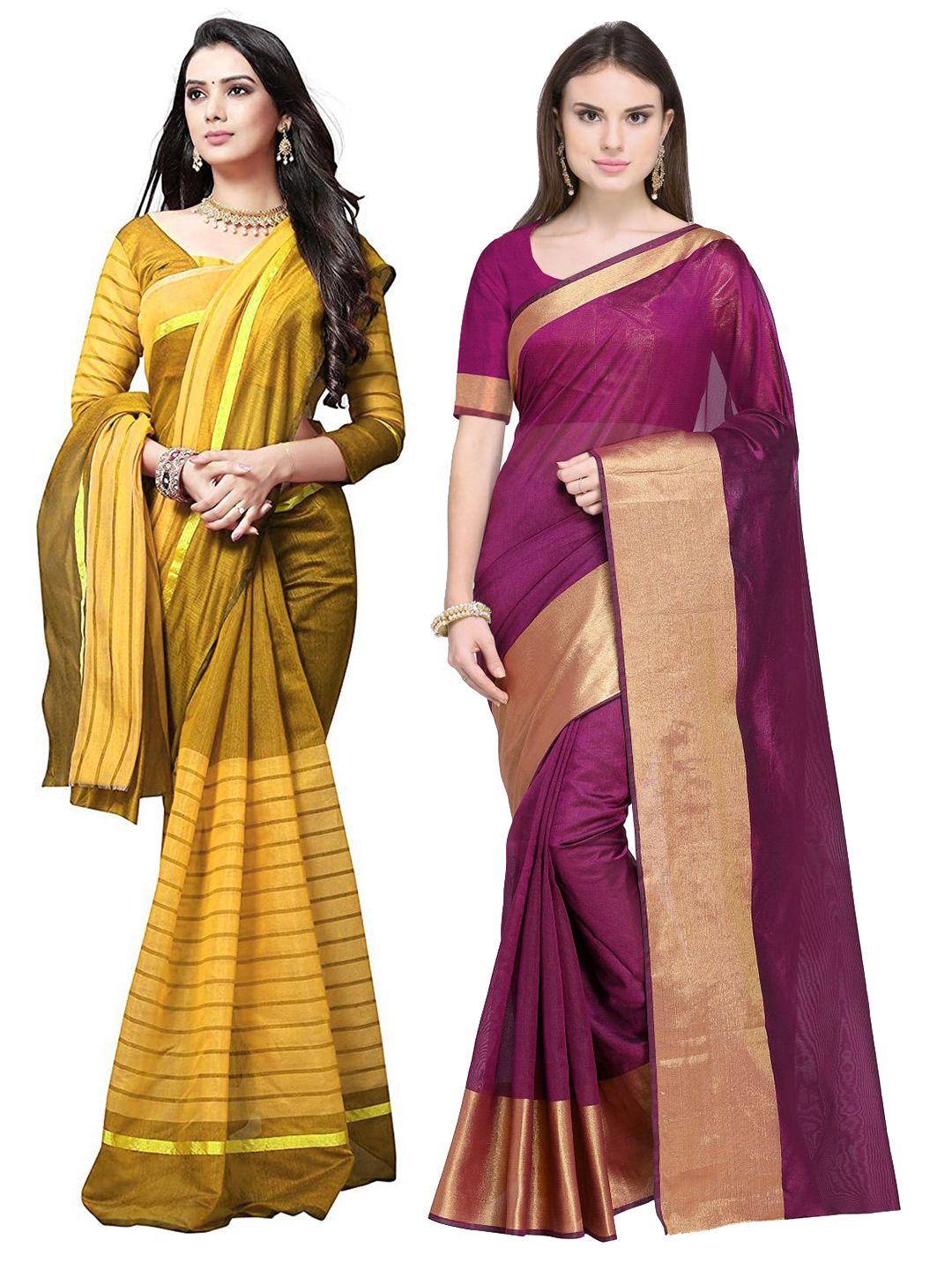 saadhvi pack of 2 magenta & mustard striped zari silk cotton saree