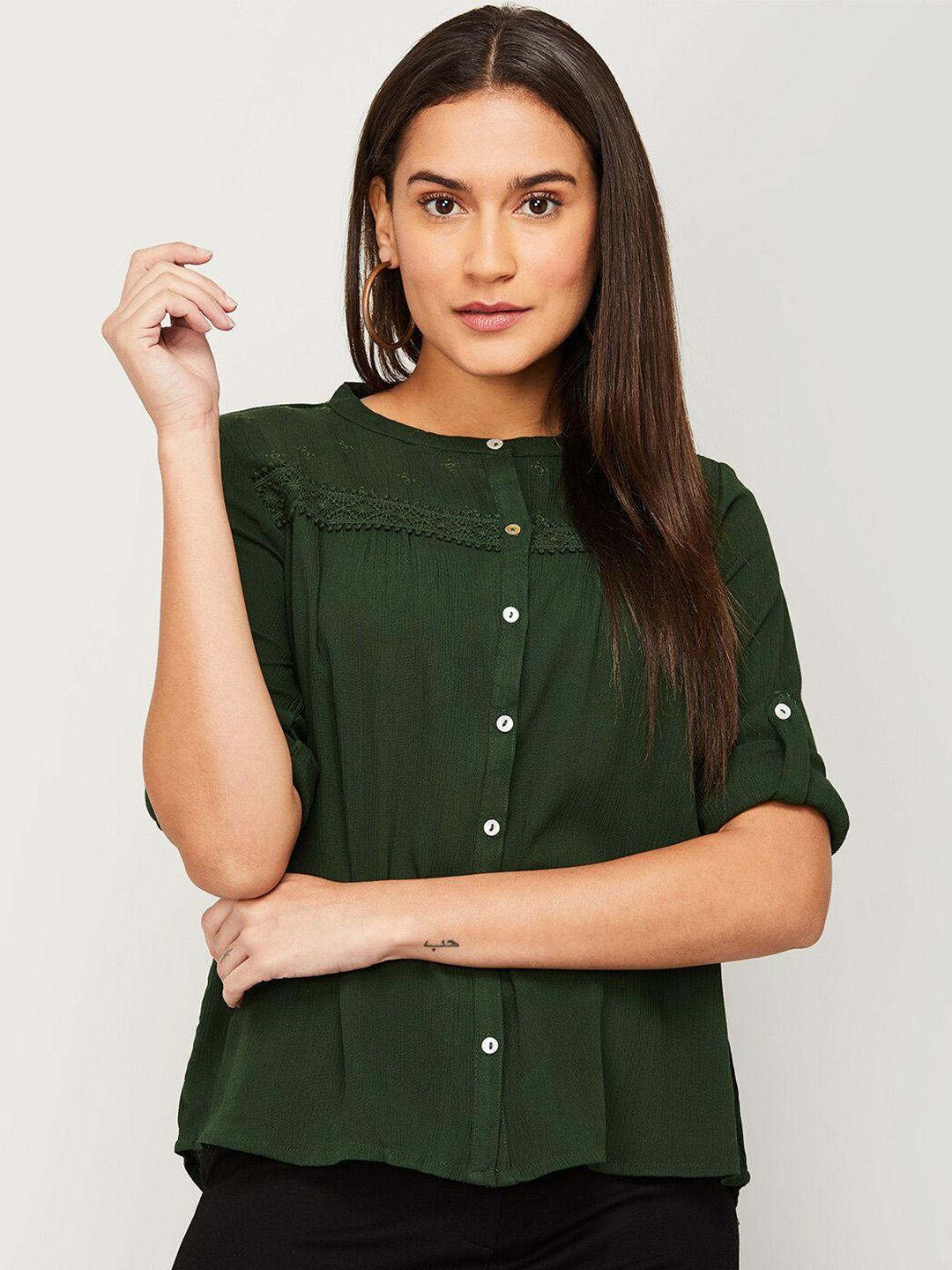 fame forever by lifestyle olive green embroidered mandarin collar roll-up sleeves shirt style top