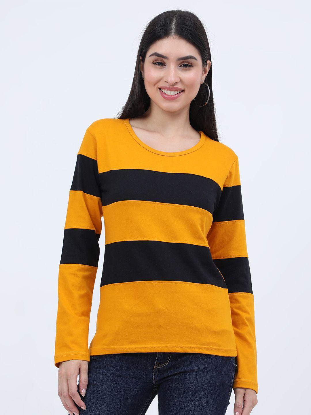 fleximaa women mustard yellow & black striped t-shirt