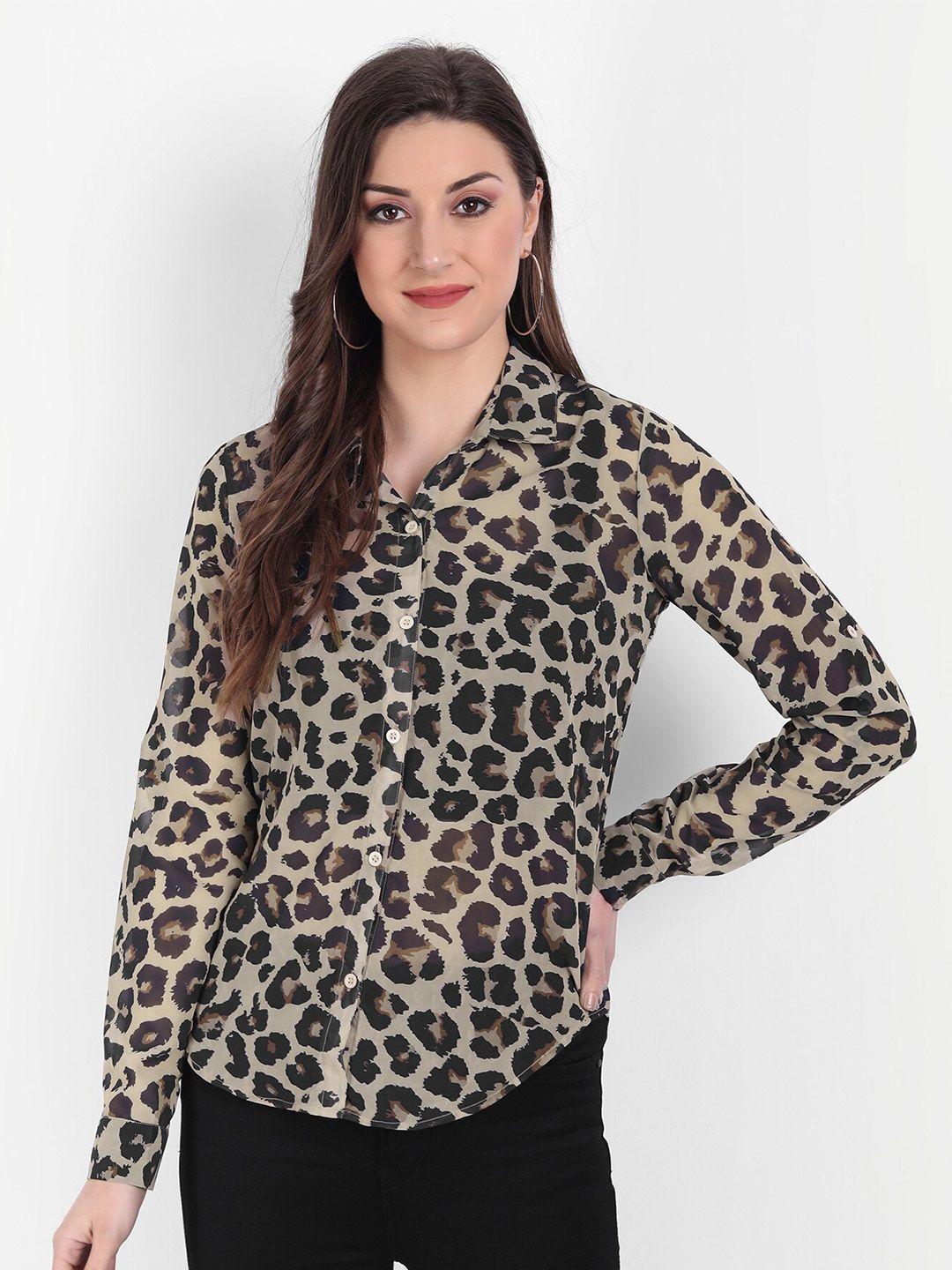 charmgal women brown & black animal printed semi sheer casual shirt