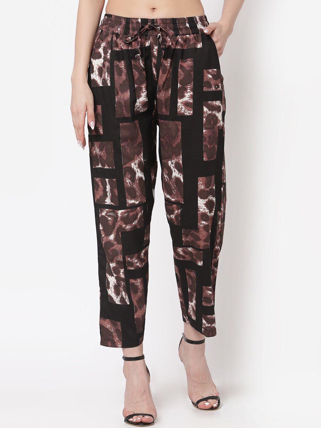 klotthe women brown animal printed comfort slim fit easy wash trousers