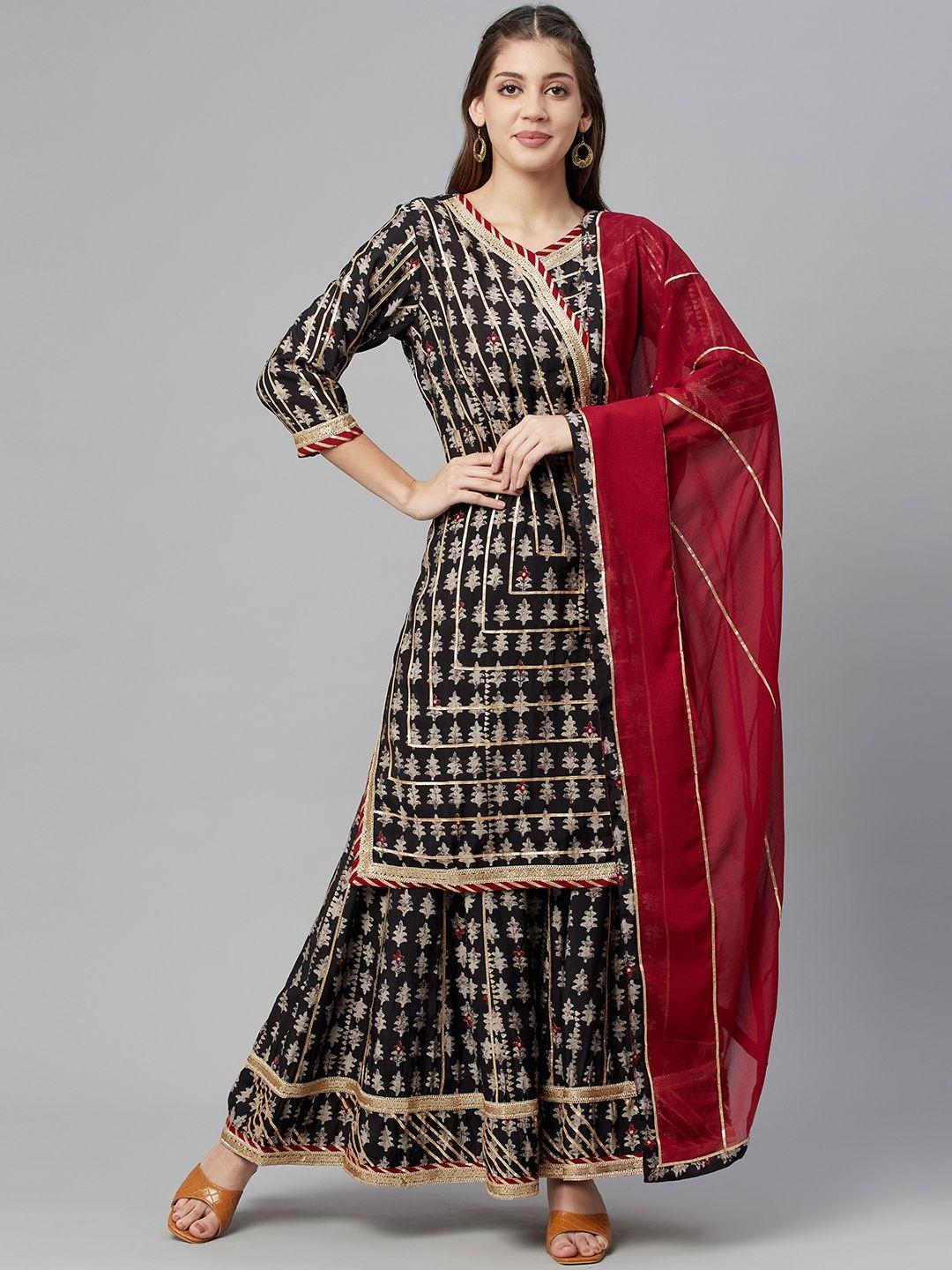 readiprint fashions women black ethnic printed gotta patti kurta with sharara & dupatta