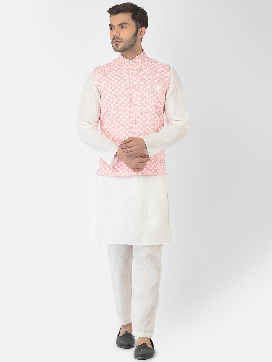 deyann men peach-coloured pure cotton nehru jacket with kurta and churidar