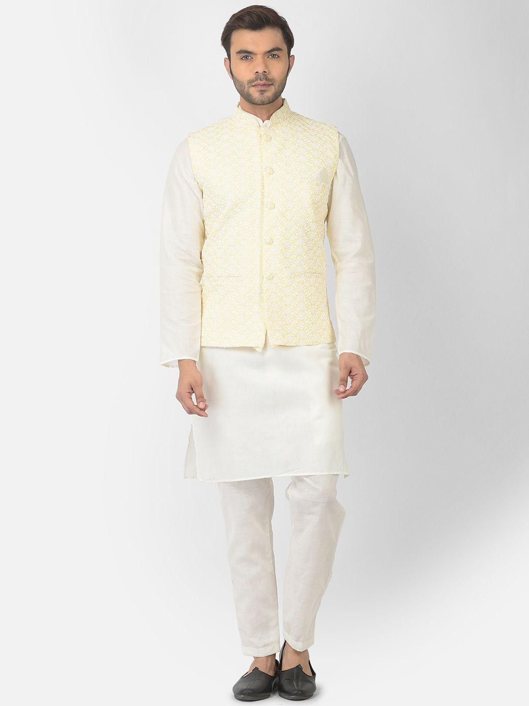 deyann men yellow pure cotton nehru jacket with kurta and churidar