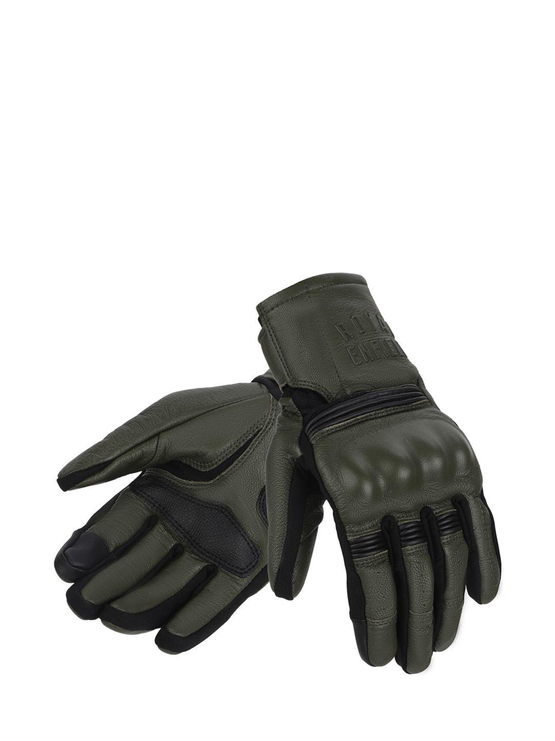 royal enfield men olive green & black leather riding gloves