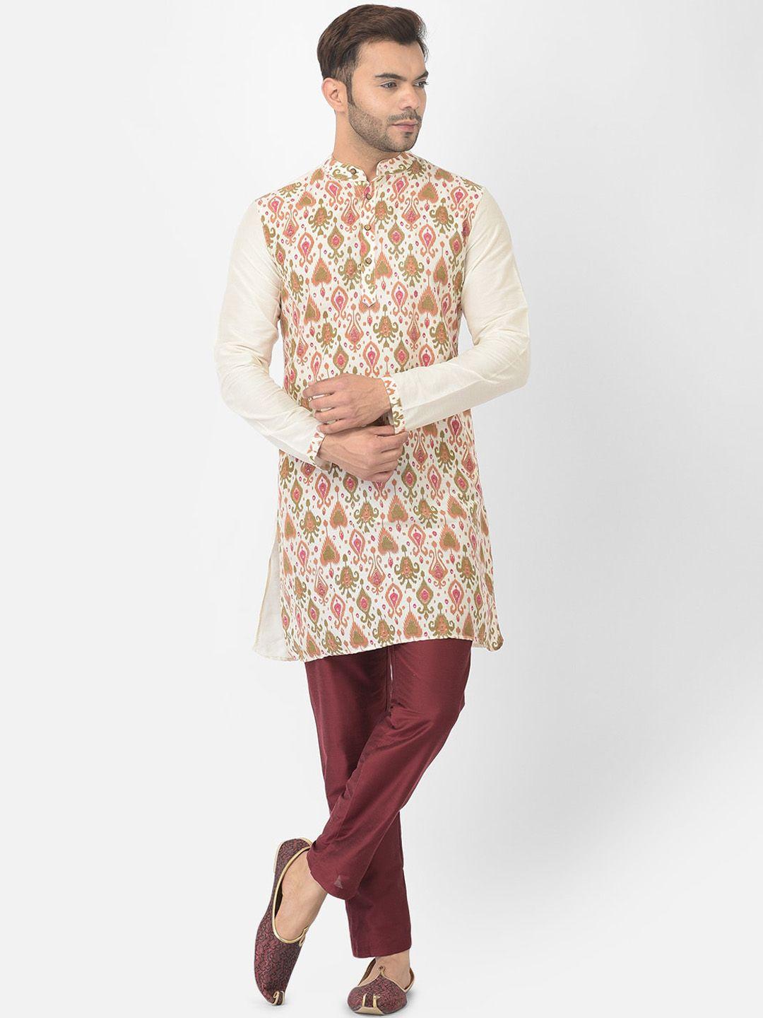 deyann men off white & maroon ethnic motifs printed kurta with trousers