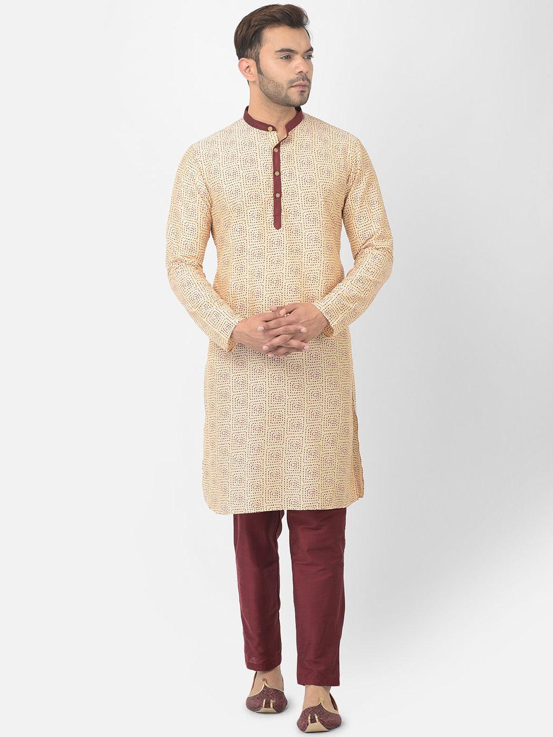 deyann men cream-coloured printed straight kurta with pyjamas