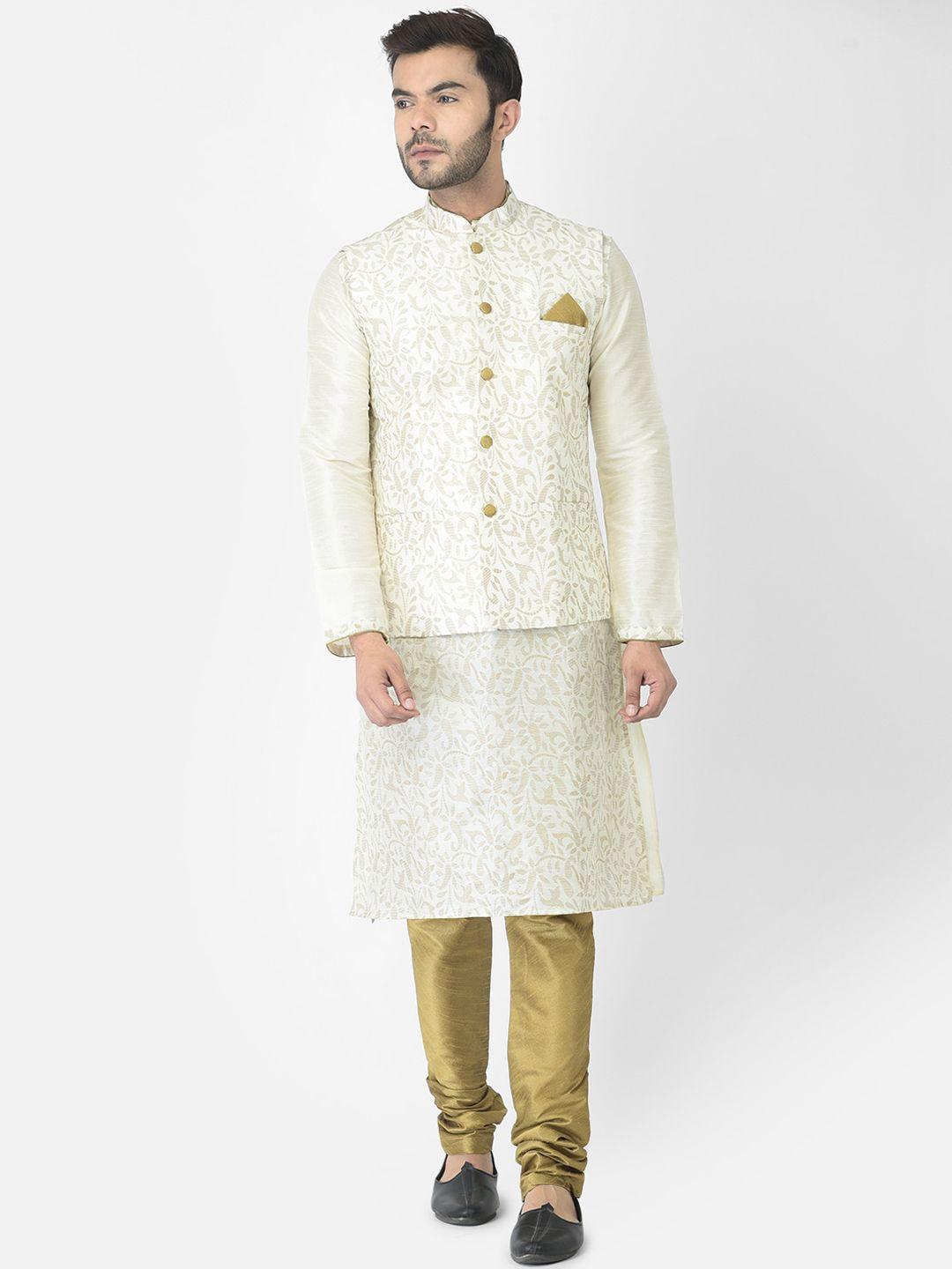 deyann men off white paisley embroidered dupion silk kurta and nehru jacket with churidar