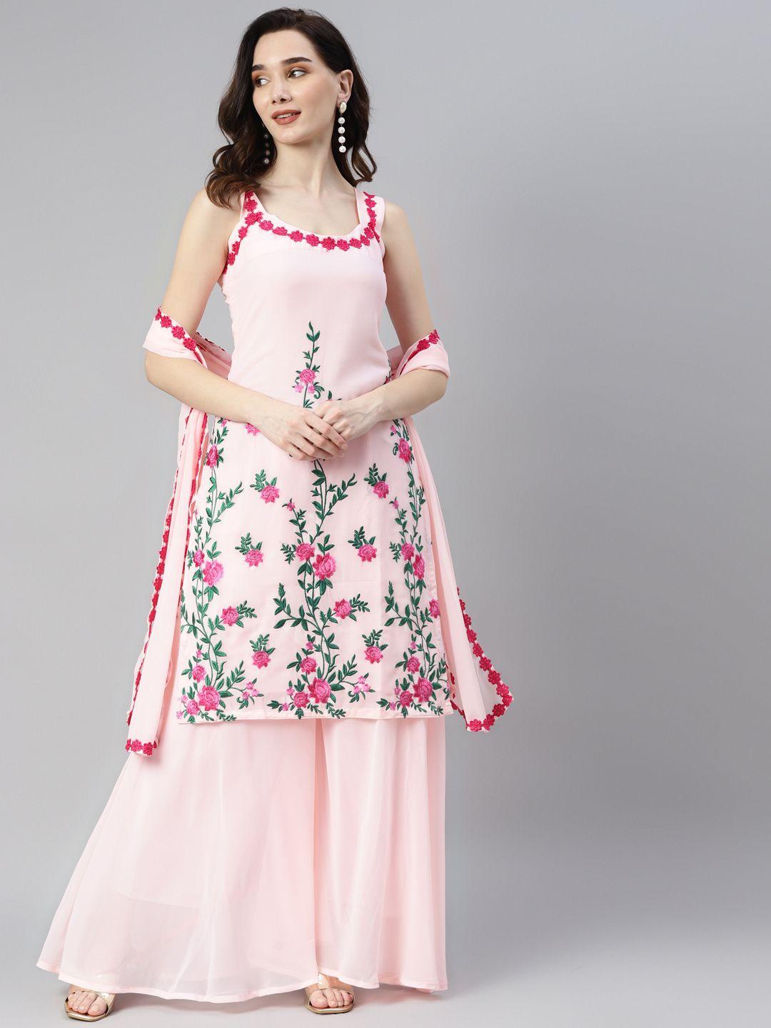 shades women pink ethnic motifs embroidered kurta with palazzos & with dupatta