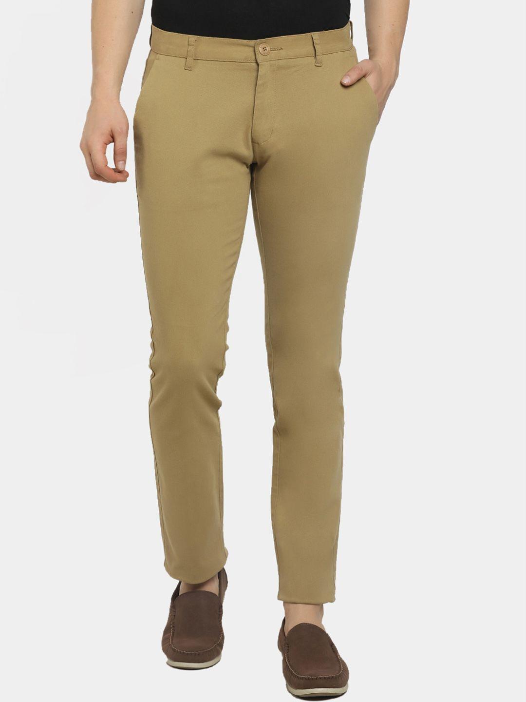 cherokee men khaki textured mid rise cotton classic regular trousers